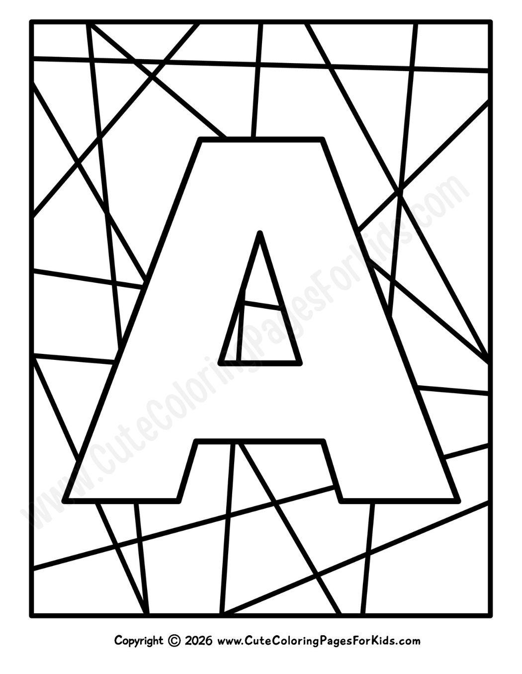 coloring sheet with big letter A and geometric shapes in the background