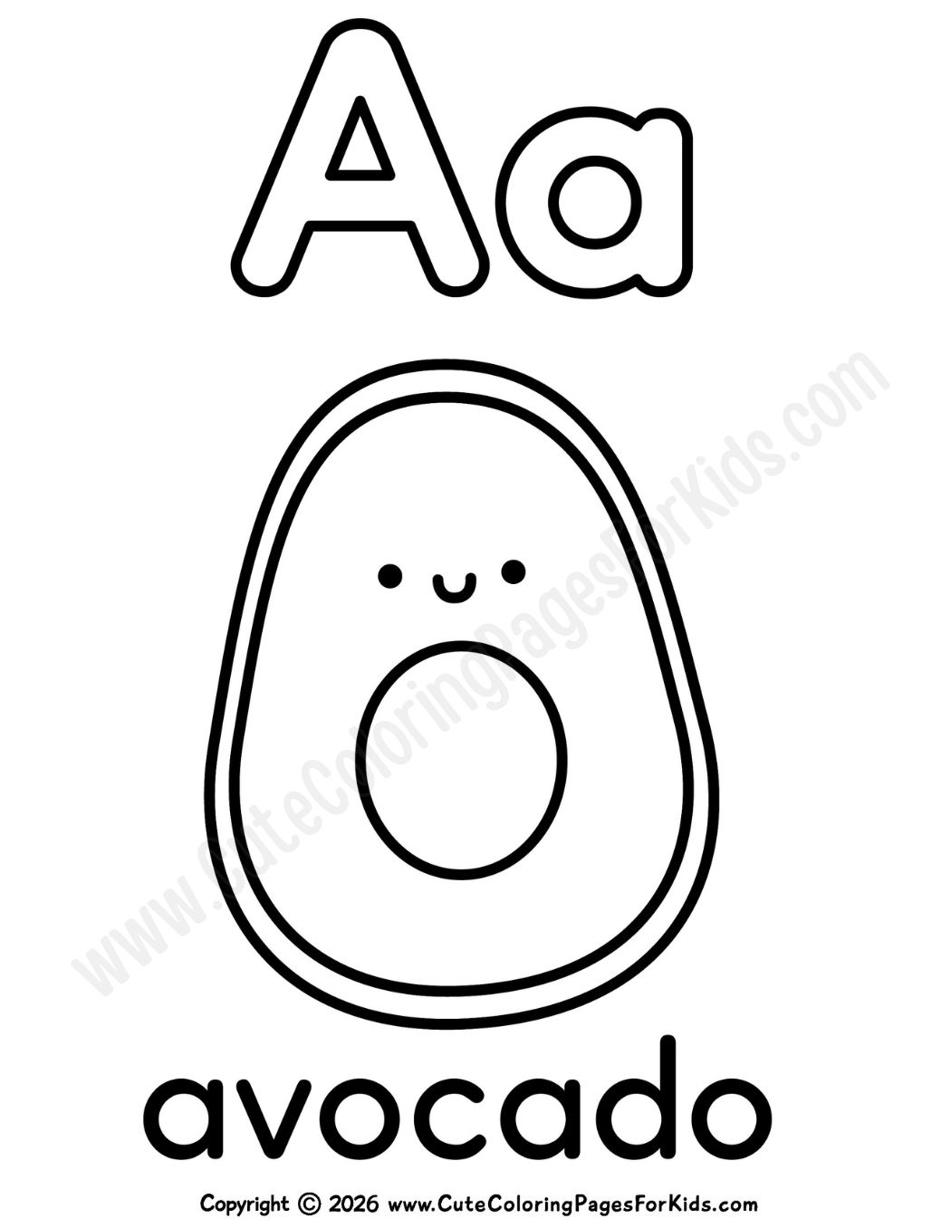 Letter A coloring page with cute avocado illustration
