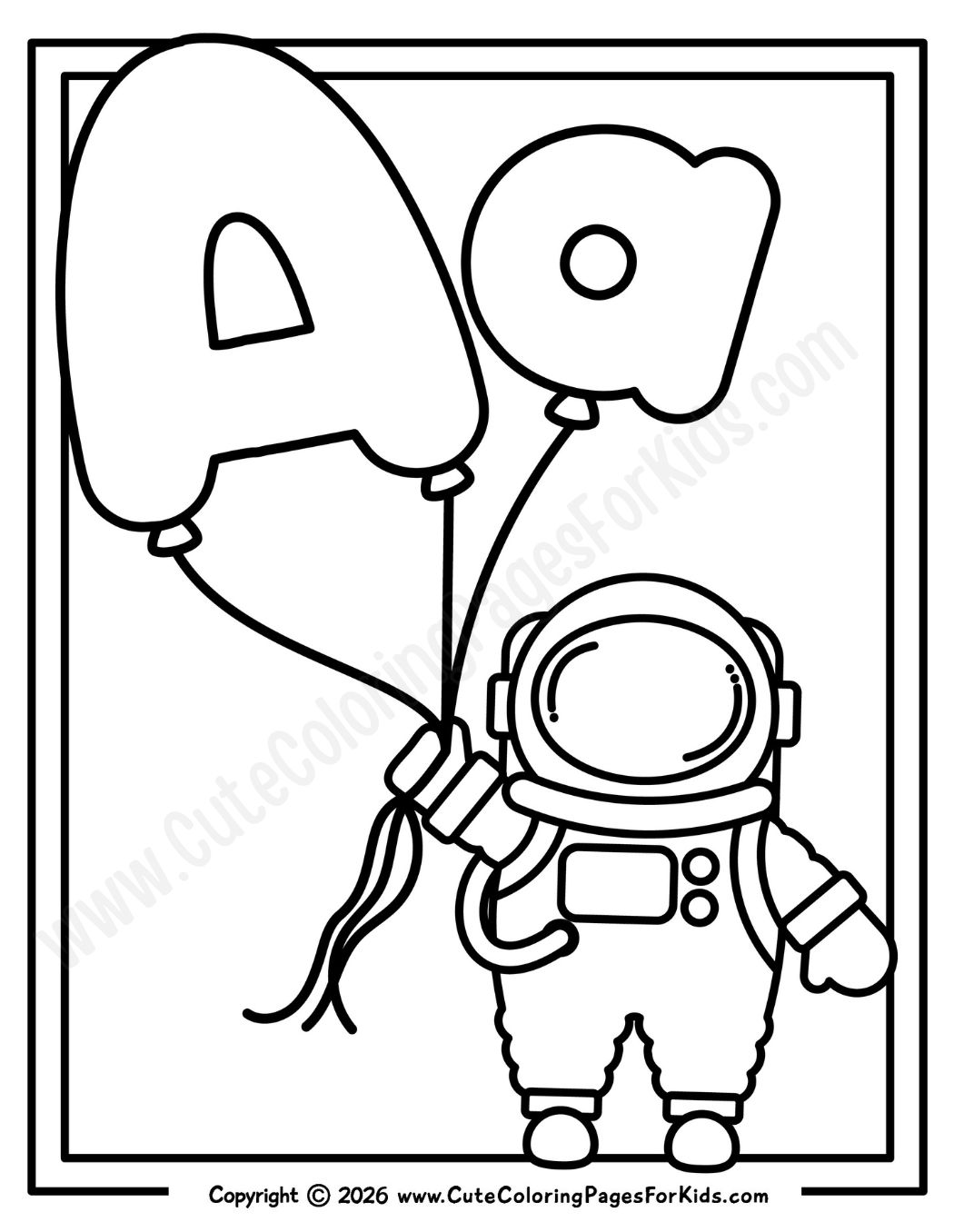 coloring page with line drawing of astronaut holding upper and lower case A shaped balloons