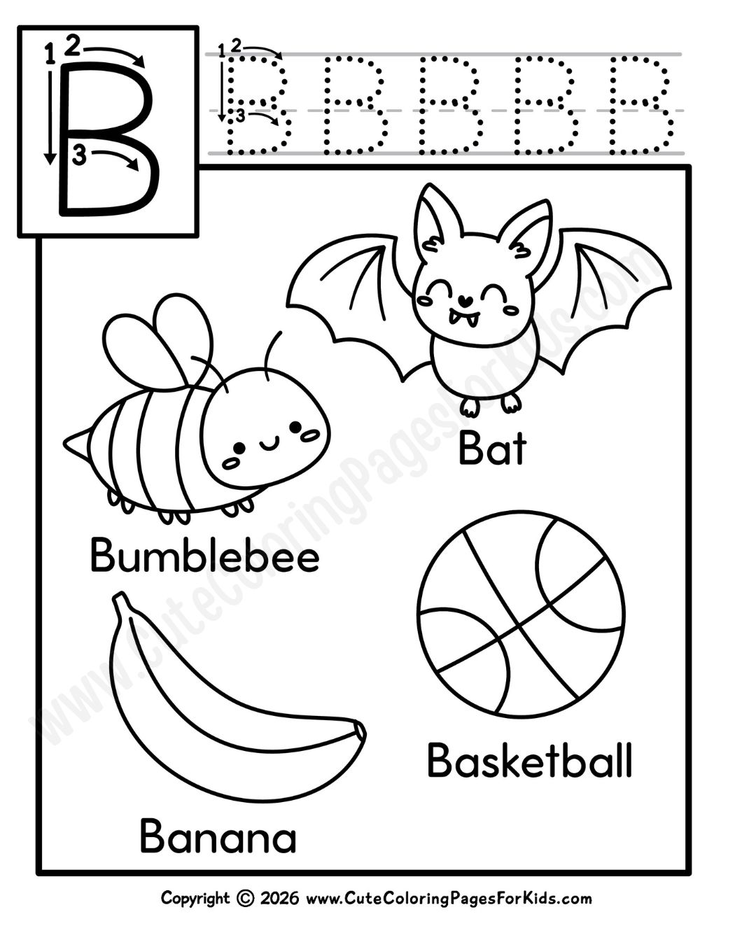 Letter a sheet for kids with uppercase letter tracing and a bat, bumblebee, basketball, and banana to color