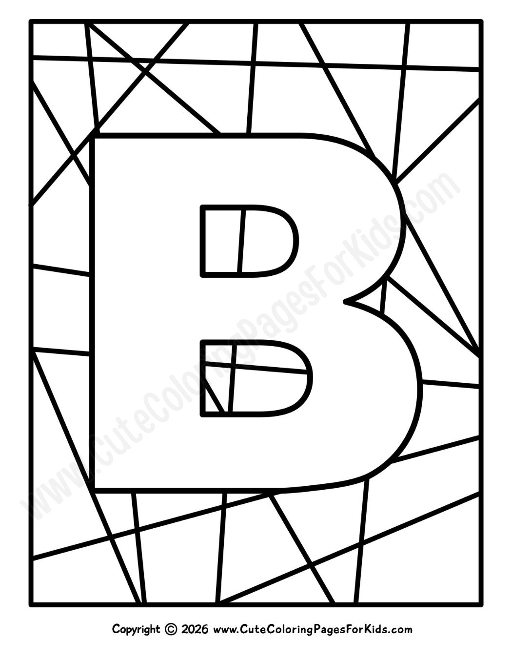 coloring sheet with big letter B and geometric shapes in the background