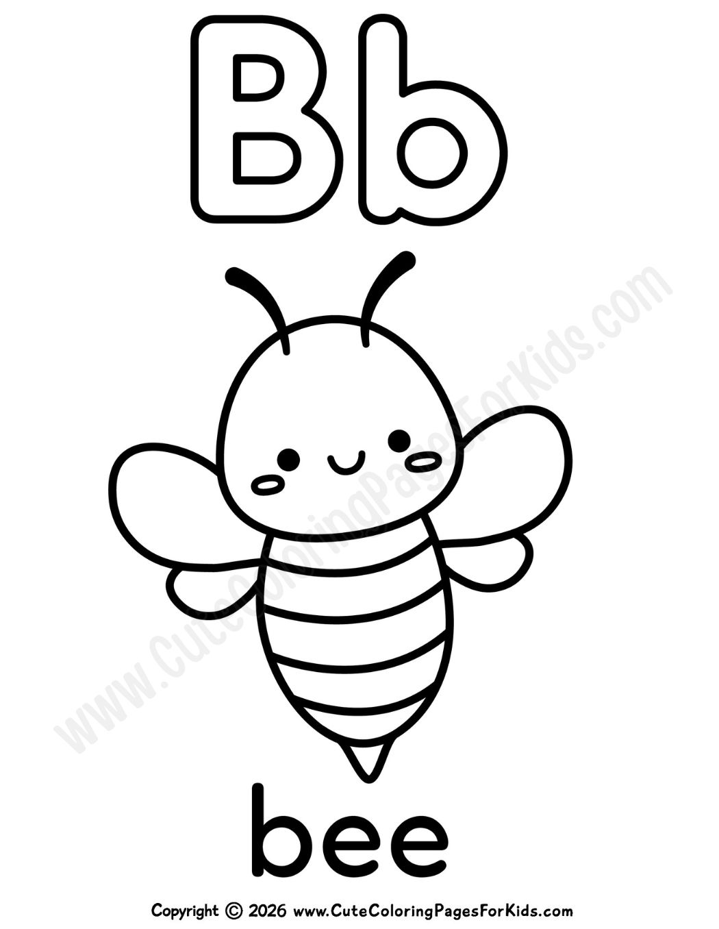 Letter B coloring page with cute bee illustration