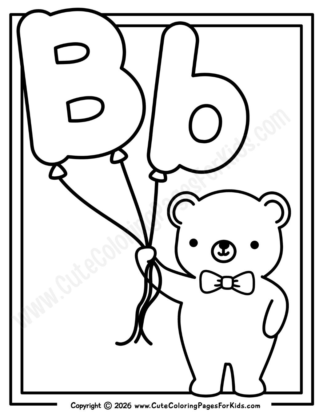 coloring page with line drawing of bear who is wearing a bowtie and holding upper and lower case B shaped balloons
