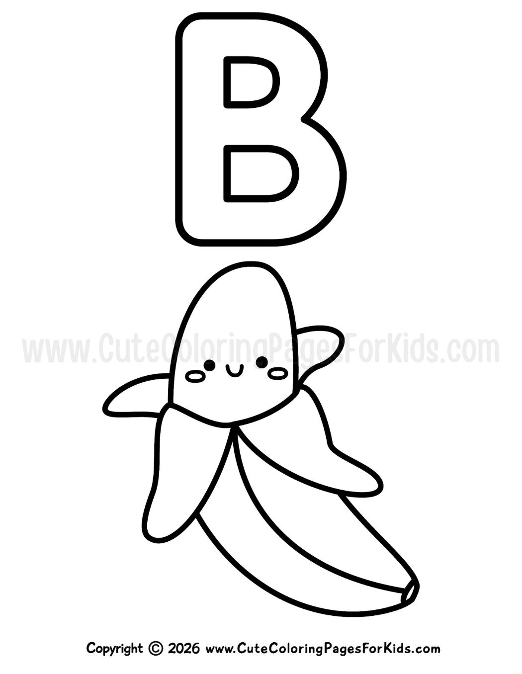 coloring page with line drawing of a cute banana and an uppercase B