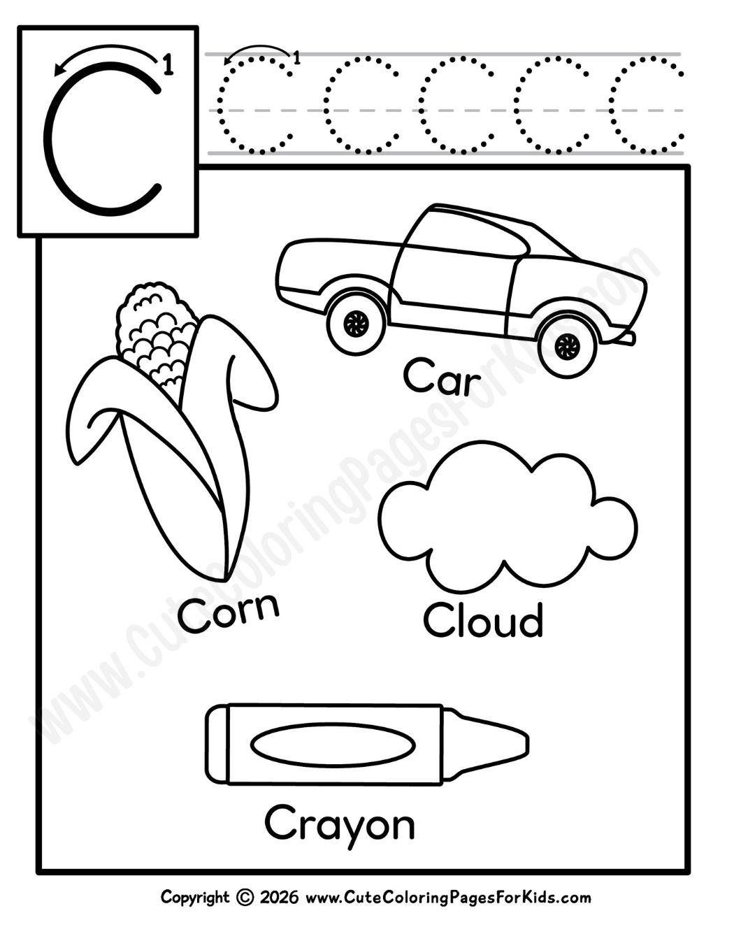 Letter C sheet for kids with uppercase letter tracing and a car, corn, cloud, and crayon to color