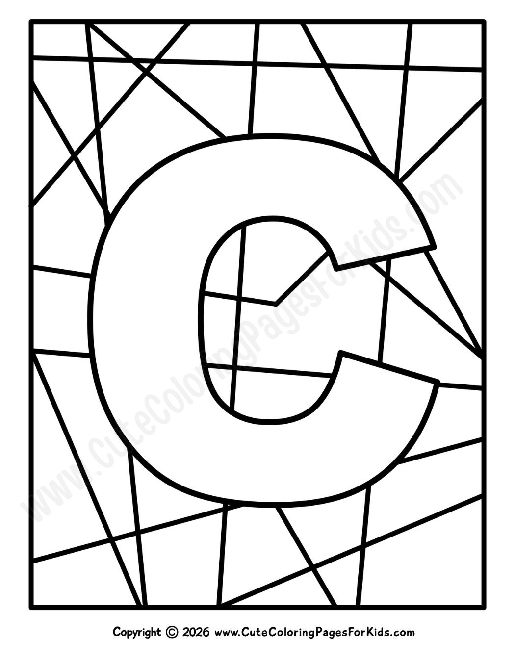 coloring sheet with big letter C and geometric shapes in the background