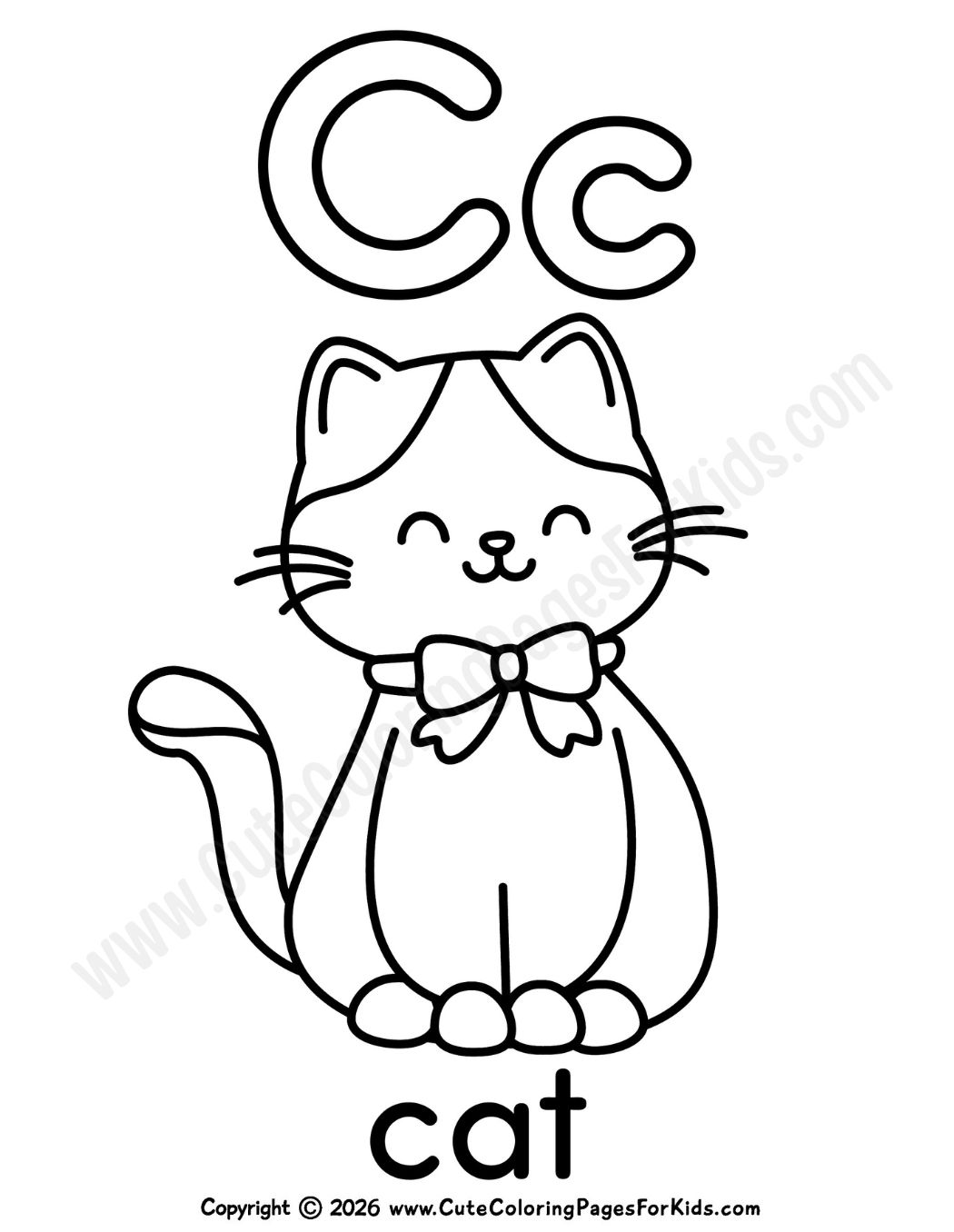Letter C coloring page with cute cat illustration