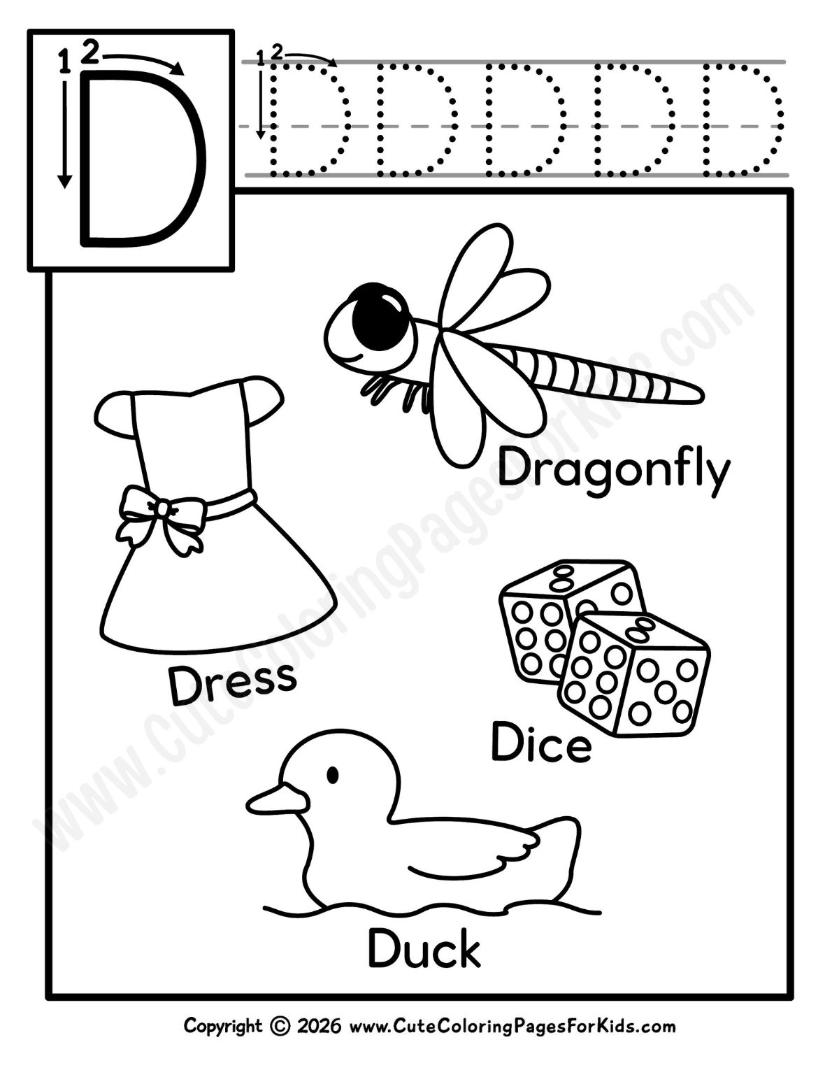 Letter D sheet for kids with uppercase letter tracing and a dragonfly, dress, dice, and duck to color