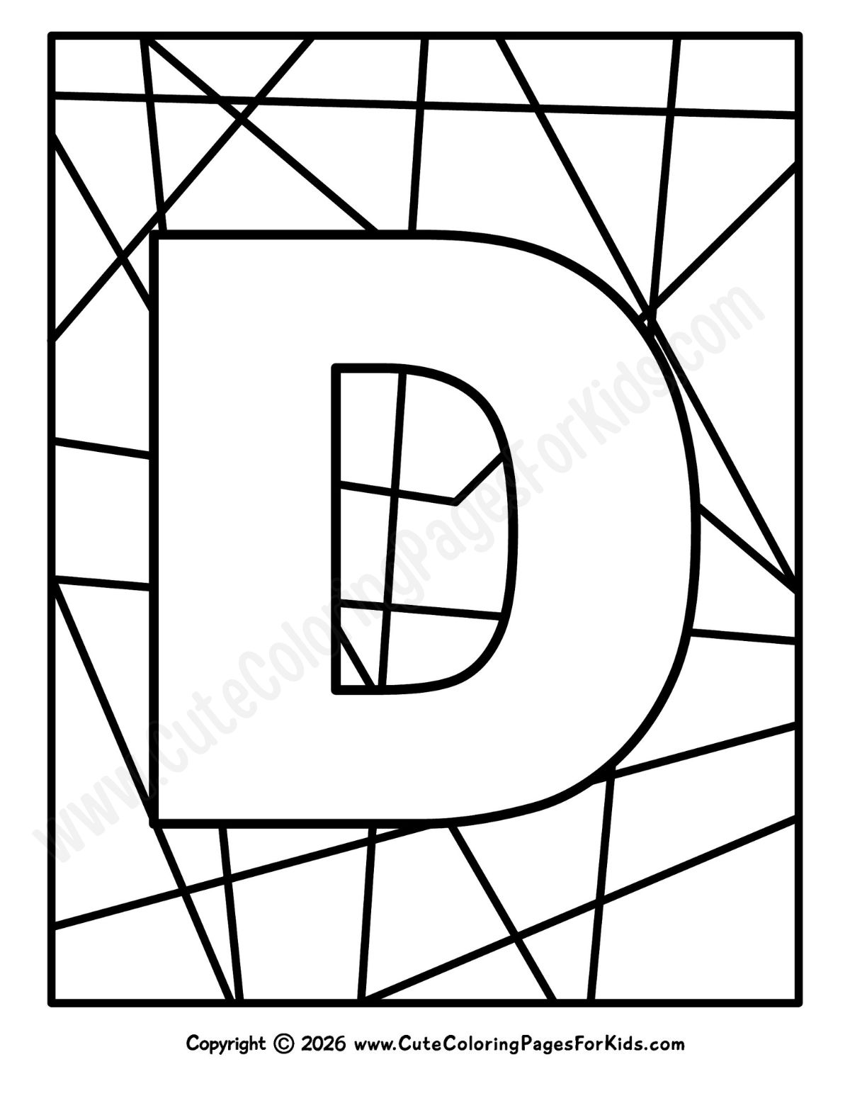 coloring sheet with big letter D and geometric shapes in the background