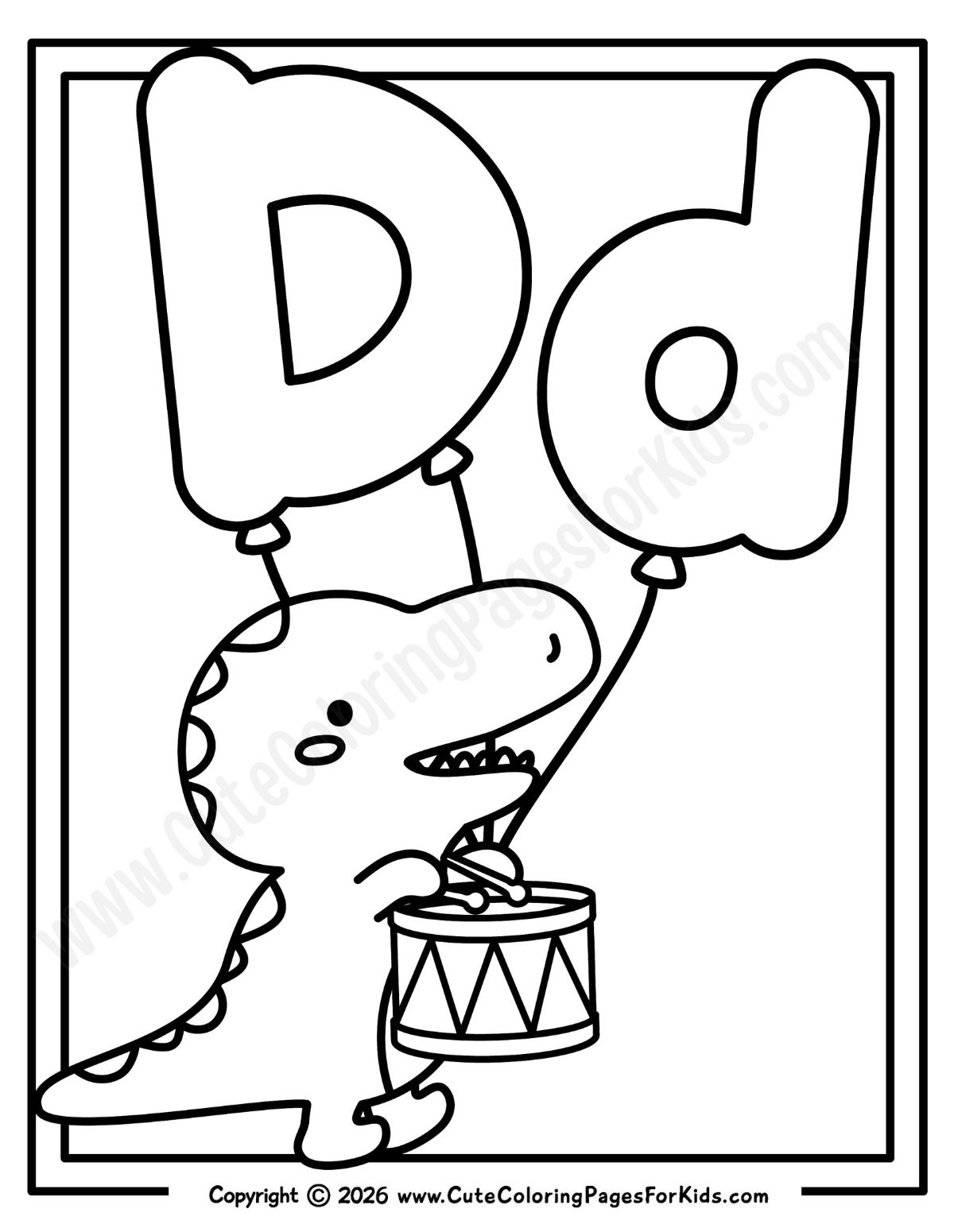coloring page with line drawing of dinosaur playing a drum and holding upper and lower case D shaped balloons