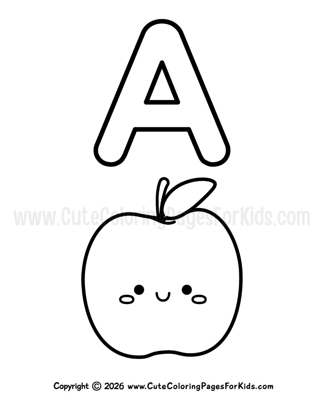 coloring page with line drawing of a cute apple and an uppercase A