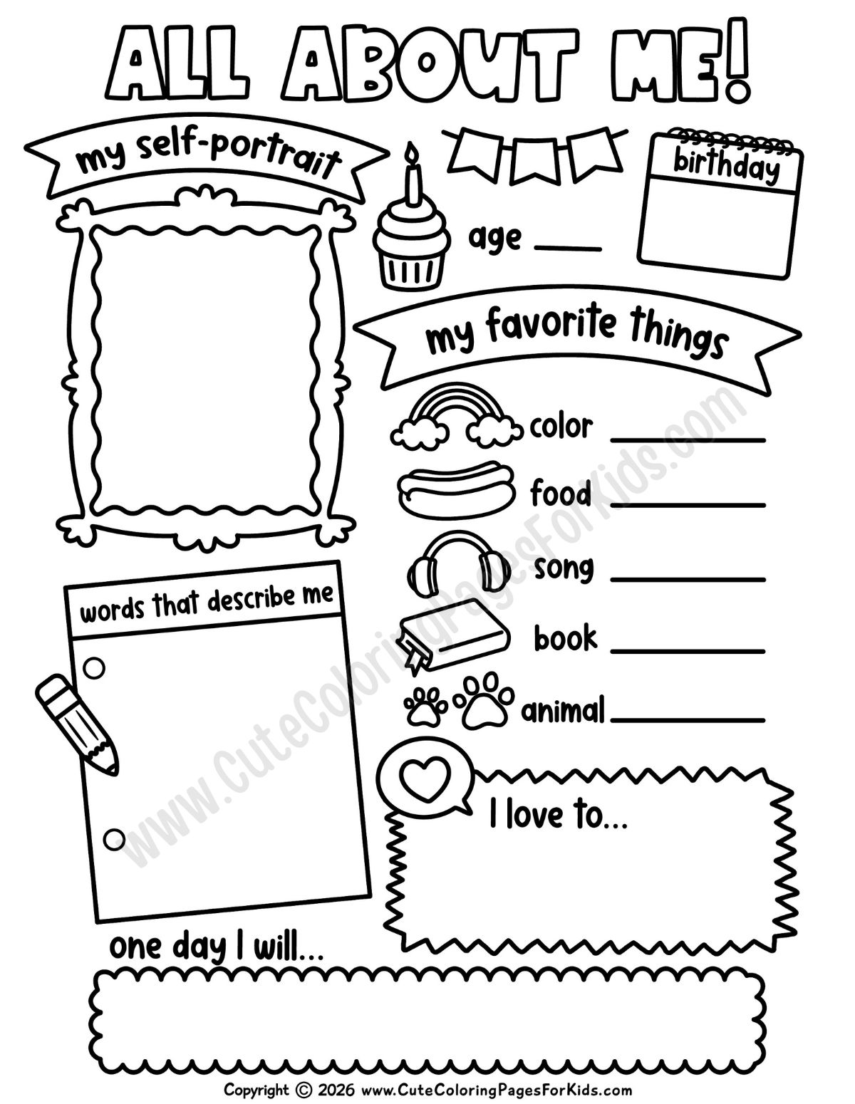cute all about me coloring page for kids with cute pictures to color and blank areas to write in answers