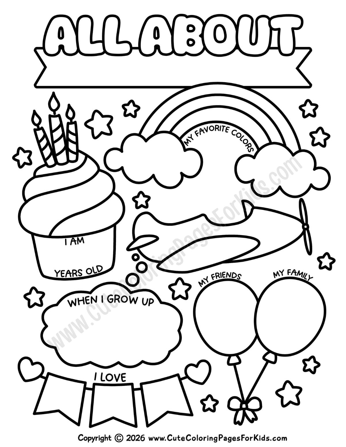 cute preschool About Me coloring page with blank name area and cute pictures to color and fill-in