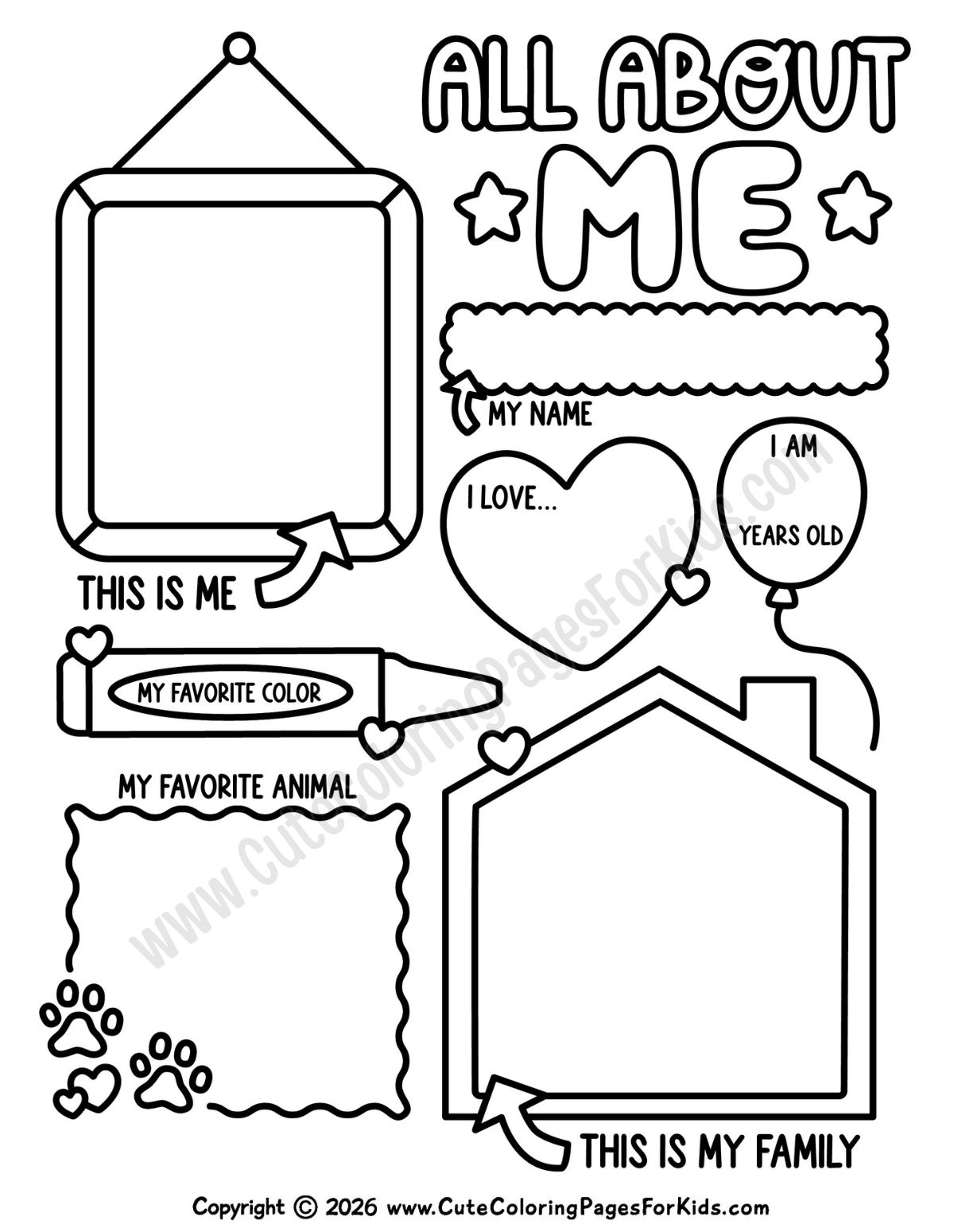 simple All About Me coloring page with sections about family, age, favorite things, and a self portrait