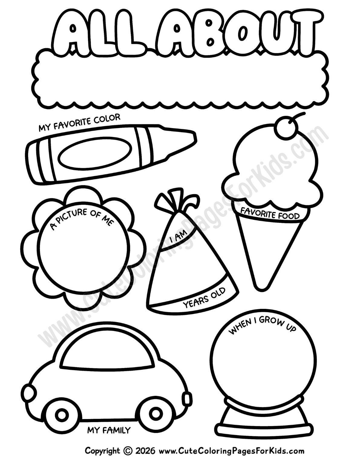 preschool all about me printable with fill-in blank for name, plus sections for favorite color, favorite food, a picture, my family, and when I grow up, with cute and simple images to color in