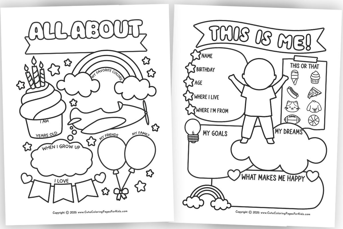Preview of All About Me coloring pages for kids with blank, black and white sheets for coloring in and filling in the blanks