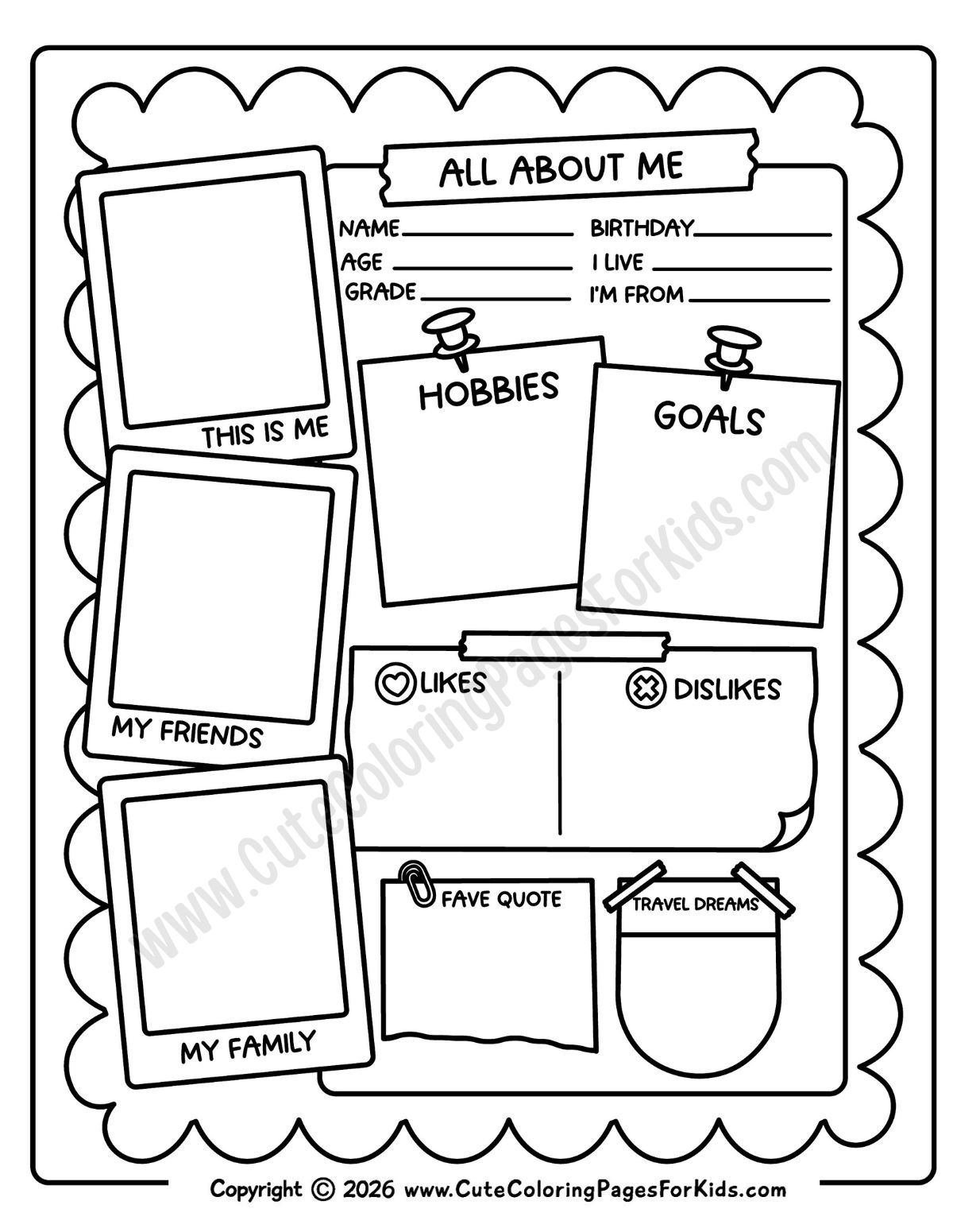 simple All About Me sheet with areas for pictures of self, friends, and family, plus open-ended prompts for kids to write in answers