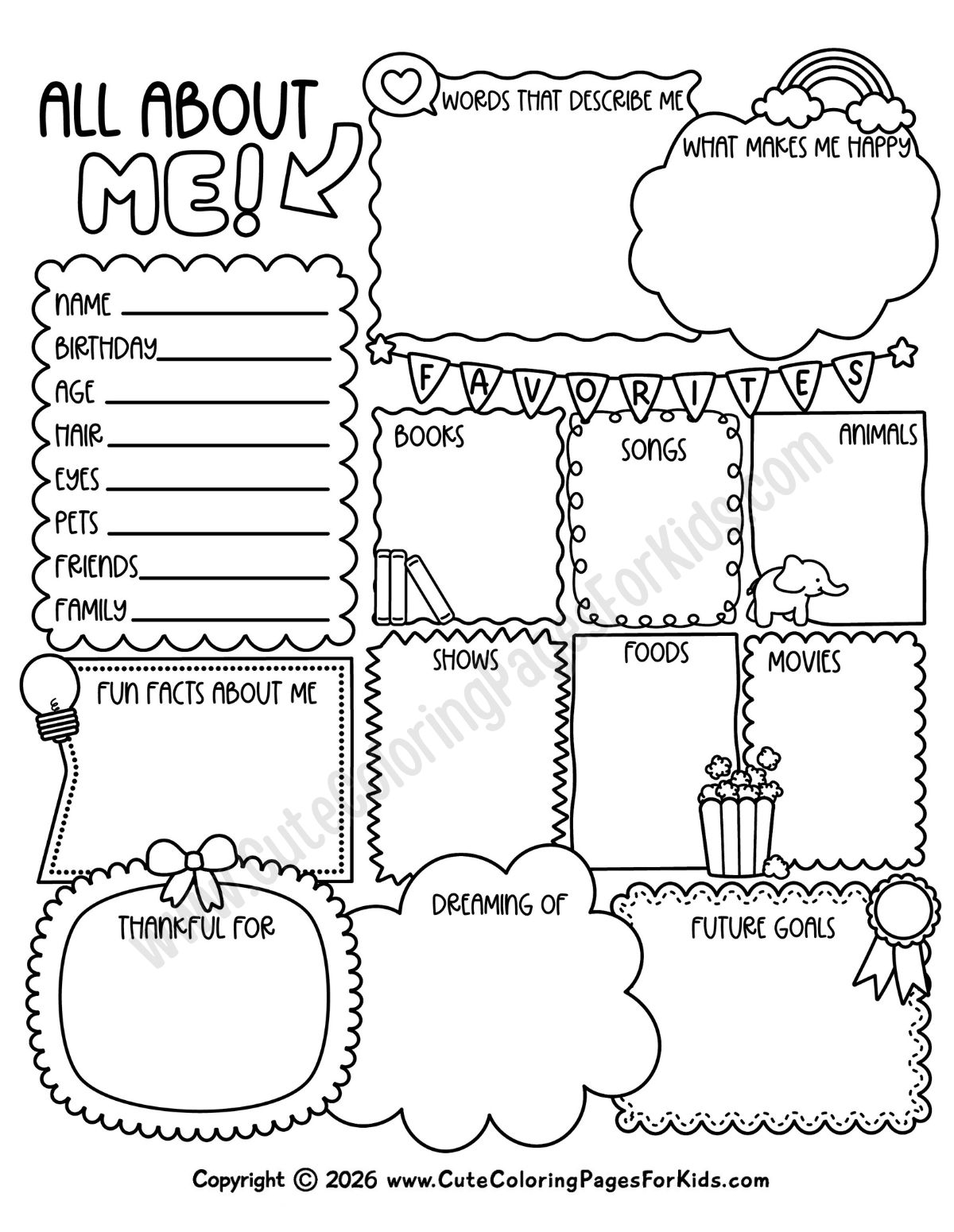 all about me page for kids with lots of blank space for writing in answers plus cute, happy illustrations to color