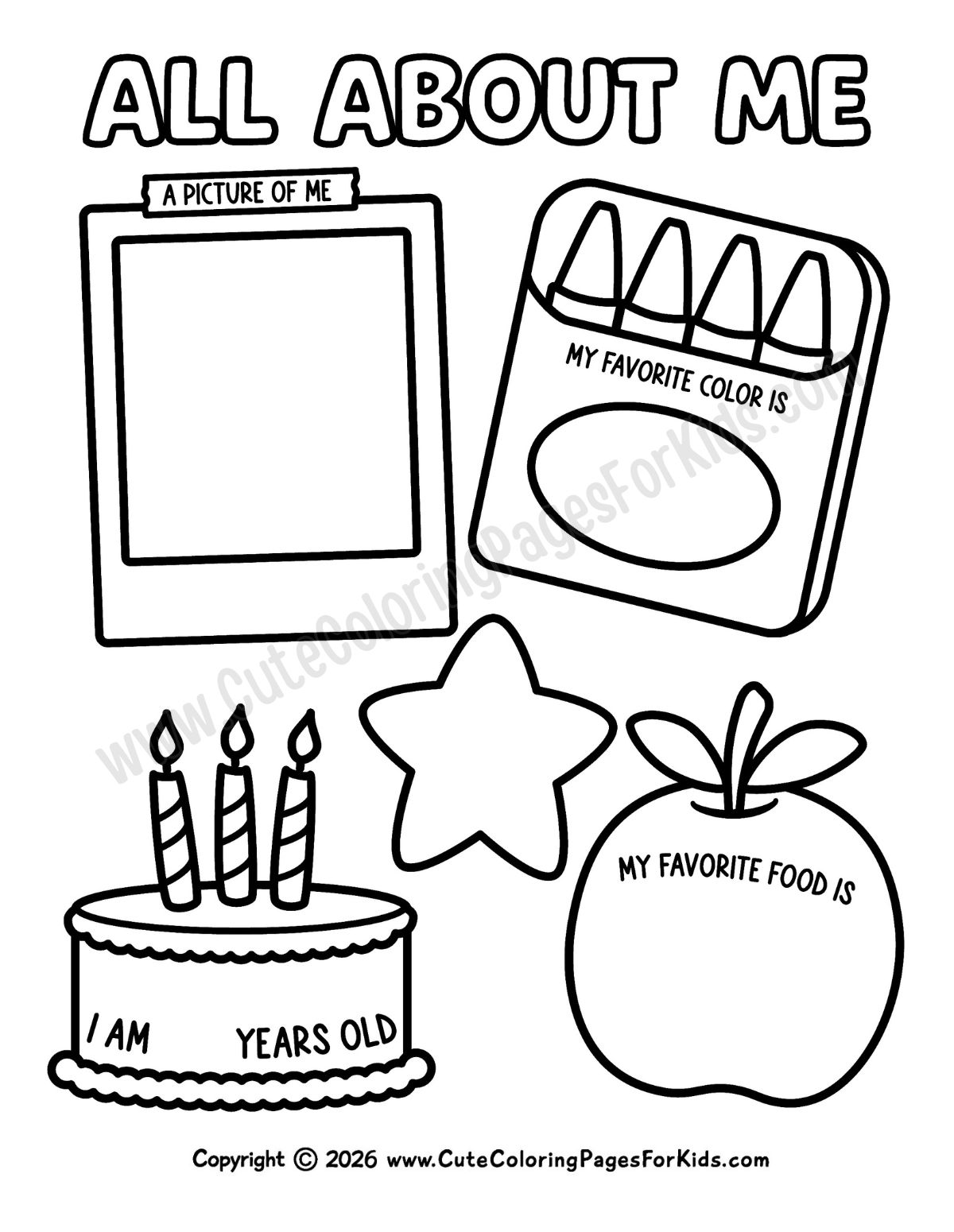 all about me coloring page for toddler or preschooler with simple pictures to color and prompts for age, favorite food, favorite color and a self portrait.