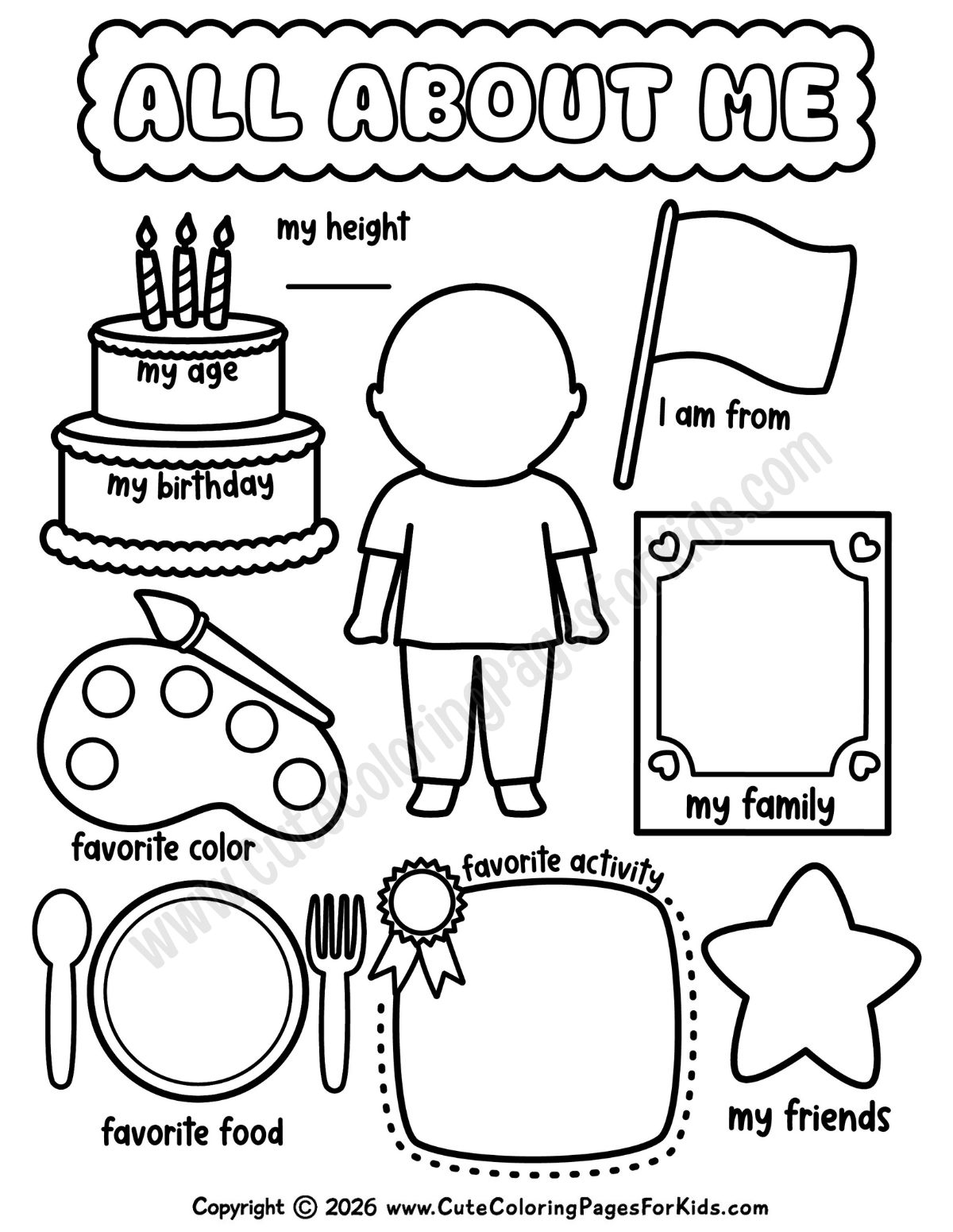 All About Me activity page with figure for child to decorate as a self-portrait plus prompts for age, birthday, family, friends, and favorite food, color, and activity.