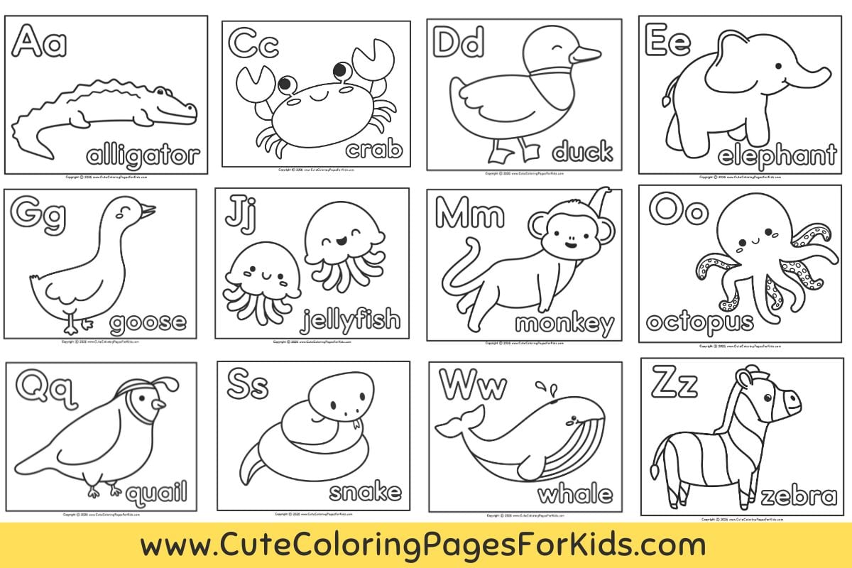 preview of animal alphabet coloring page collection from cutecoloringpagesforkids.com with 12 pages of cute animals and their alphabet letters
