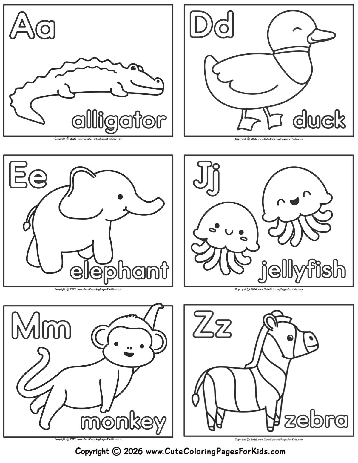 Preview of animal alphabet coloring pages featuring simple line drawings of cute animals and letters of the alphabet