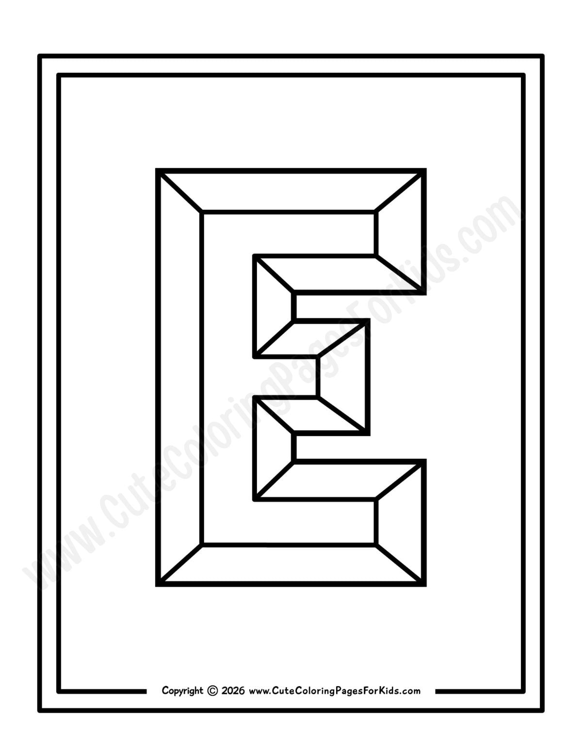 black and white line drawing of a faceted Letter E for kids to color