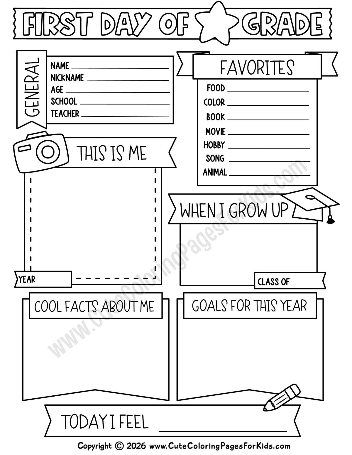 First Day of School activity sheet for any grade with sections for general info, favorite things, future goals, facts about me, and a spot for their picture