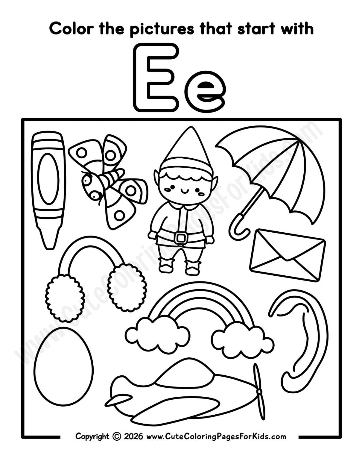 letter E coloring activity sheet for kids to find objects that start with E