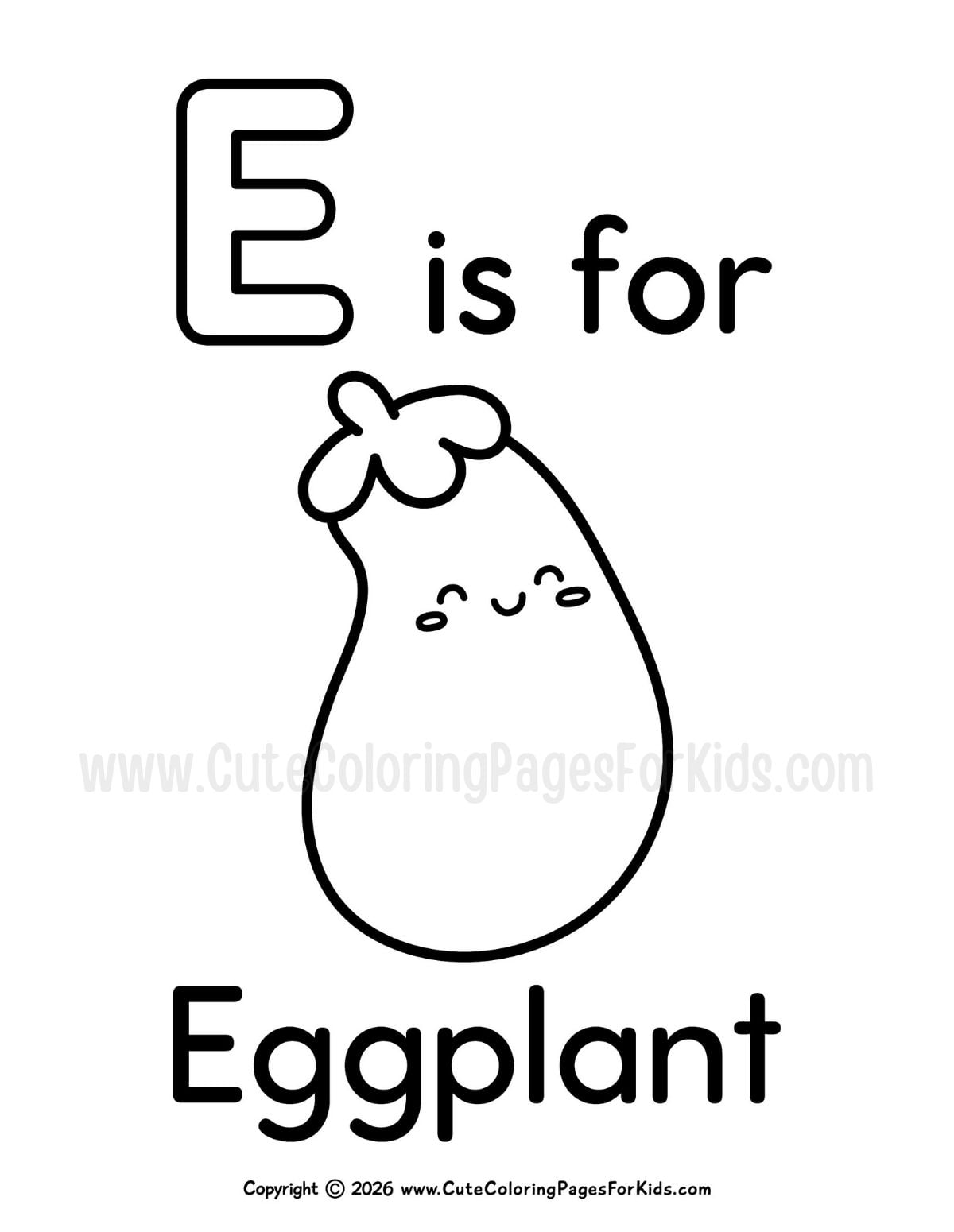 E is for Eggplant coloring page with cute line drawing of an eggplant