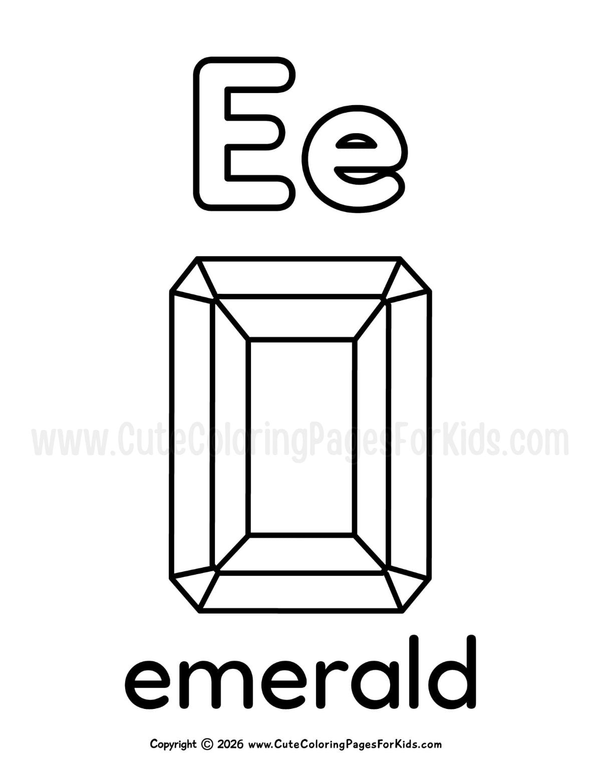 Letter E coloring sheet with a line drawing of an emerald