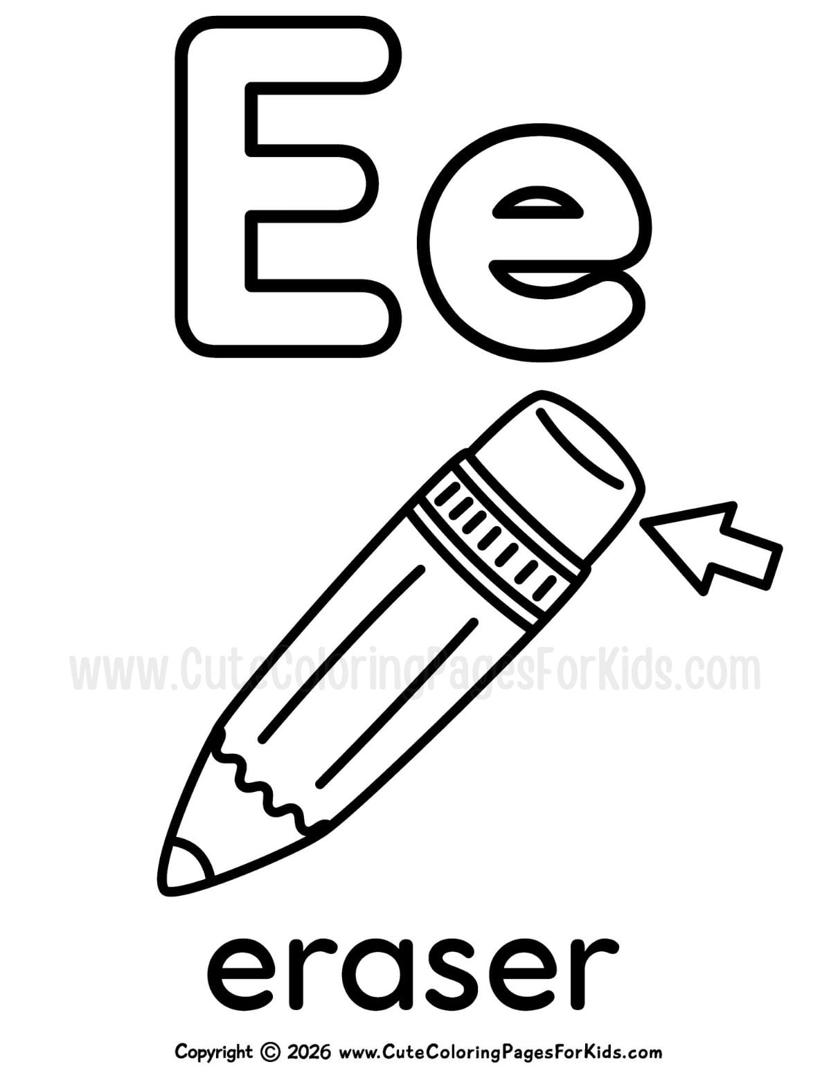 coloring page with uppercase and lowercase E and a line drawing of a pencil with an eraser