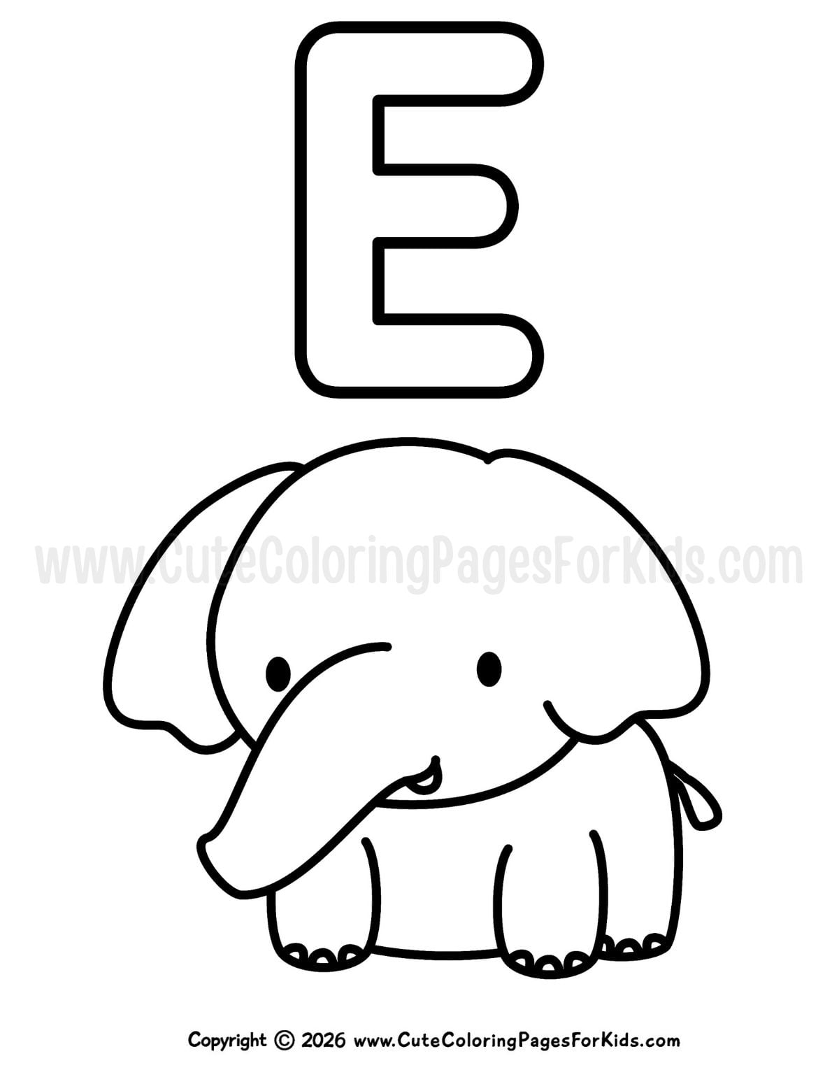 coloring page with line drawing of a cute elephant and an uppercase E