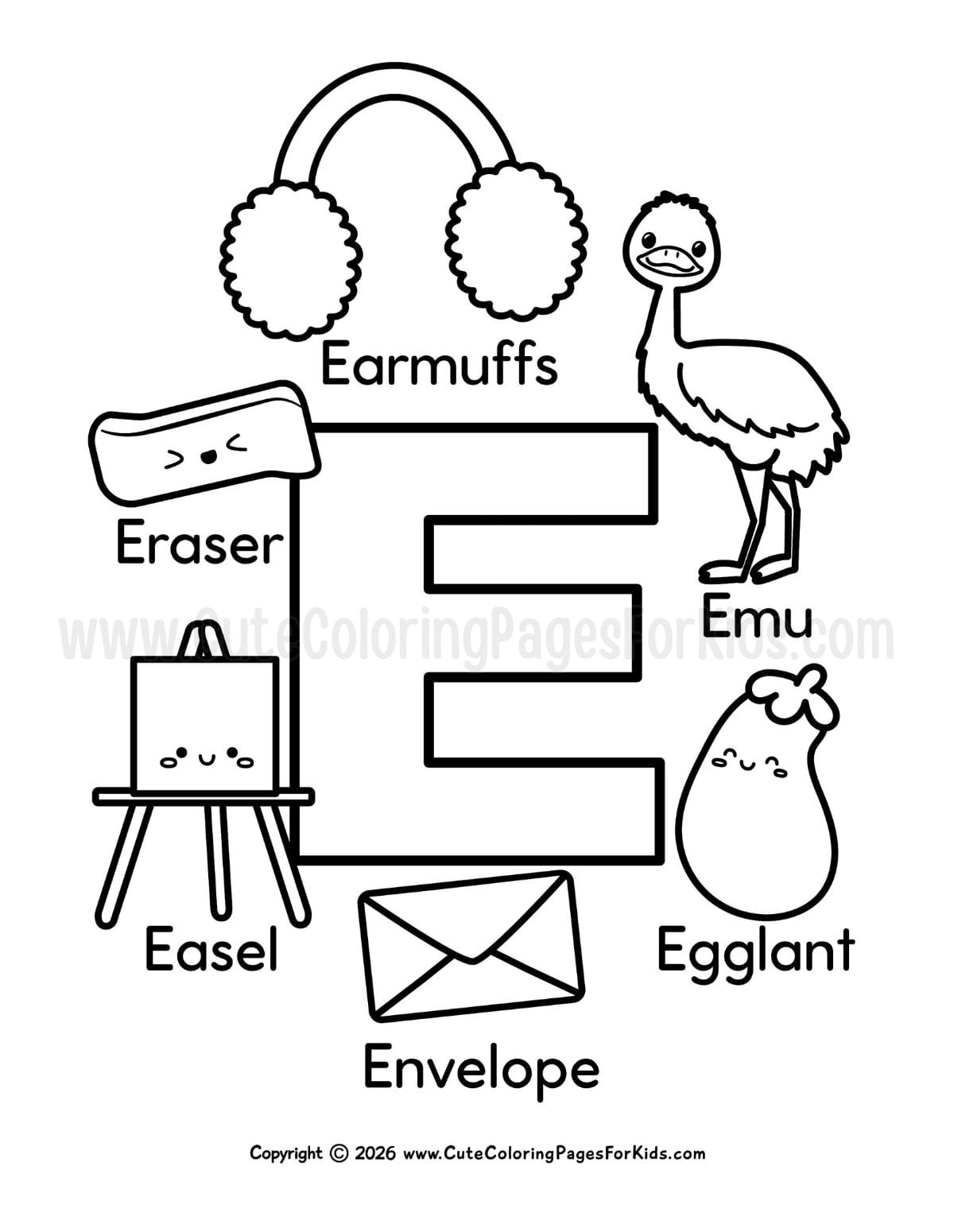 coloring page with big E and E-themed objects surrounding it (earmuffs, emu, eraser, eggplant, easel, and envelope)