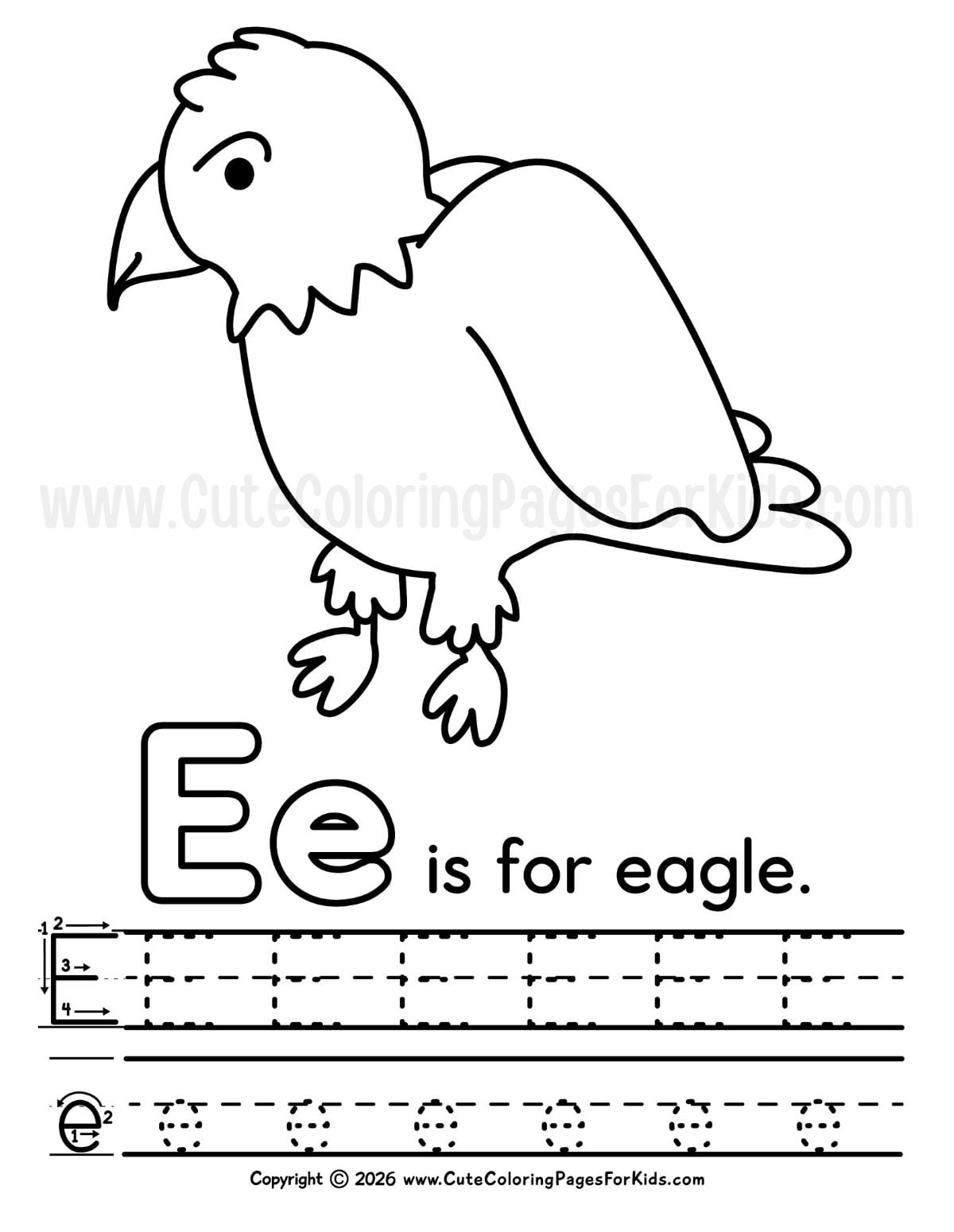 E is for Eagle coloring page with letter E writing practice