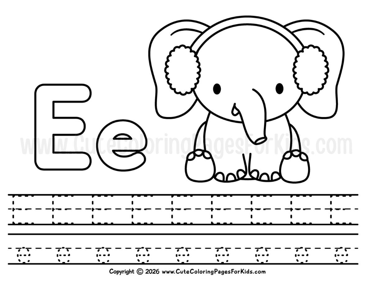 Letter E handwriting sheet with illustration of an elephant wearing earmuffs