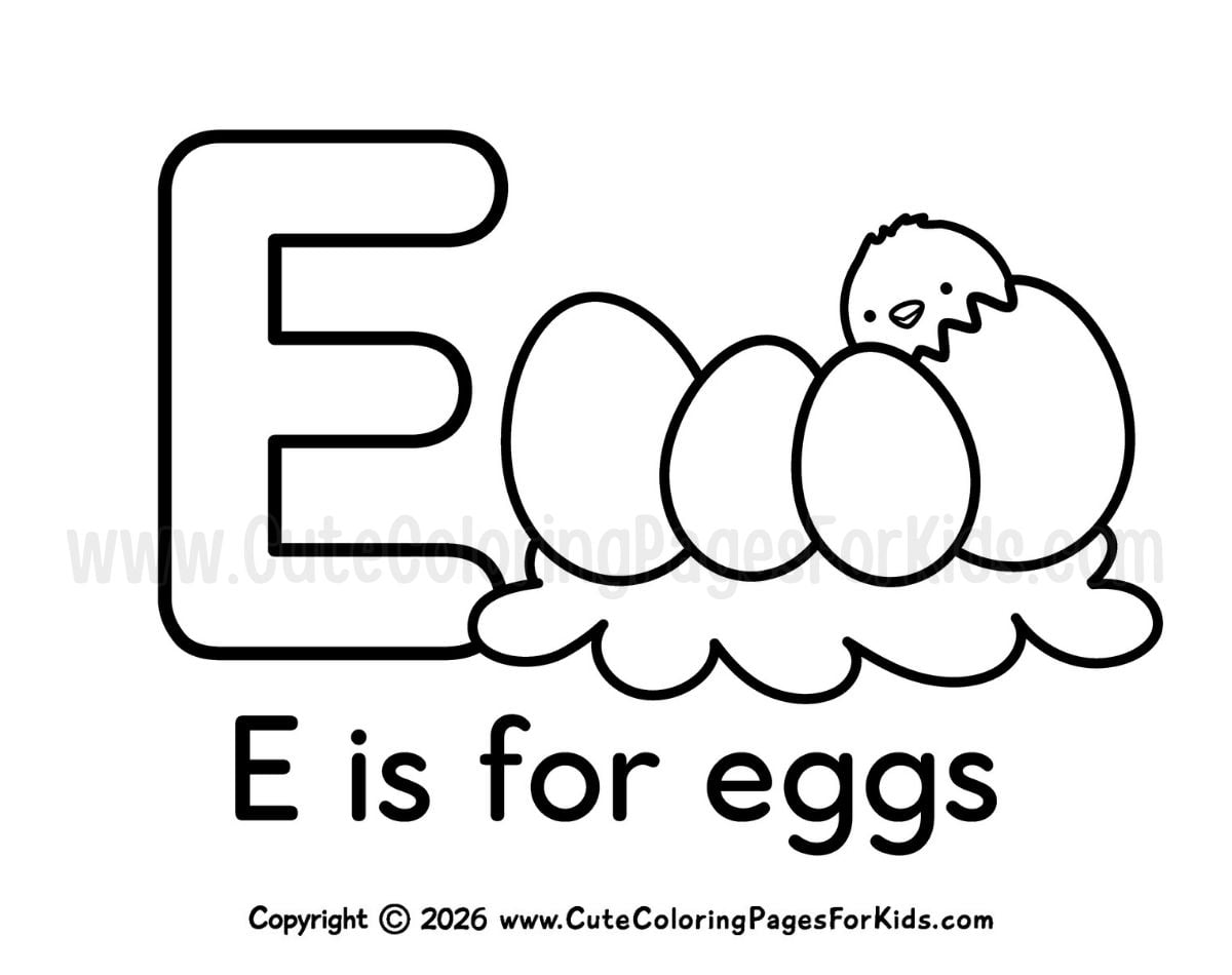 E is for eggs coloring page with the letter E and a nest with eggs to color