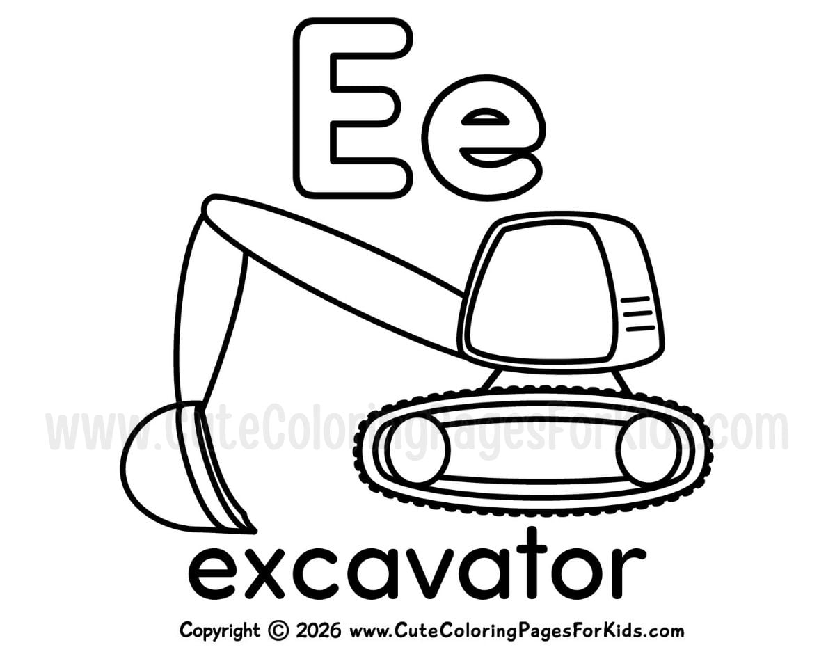 letter E coloring page with line drawing of an excavator and the letter E in upper and lowercase