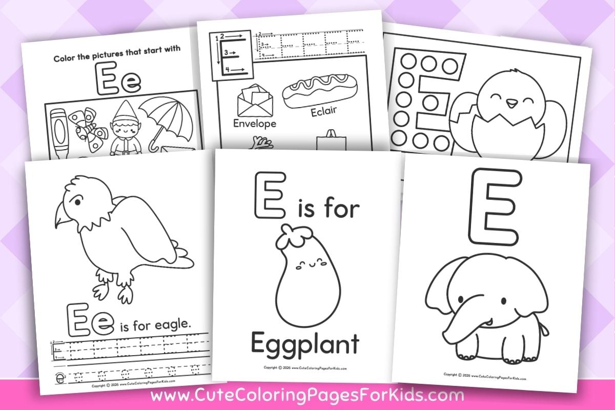 preview image of letter D coloring pages, featuring 6 designs from cutecoloringpagesforkids.com