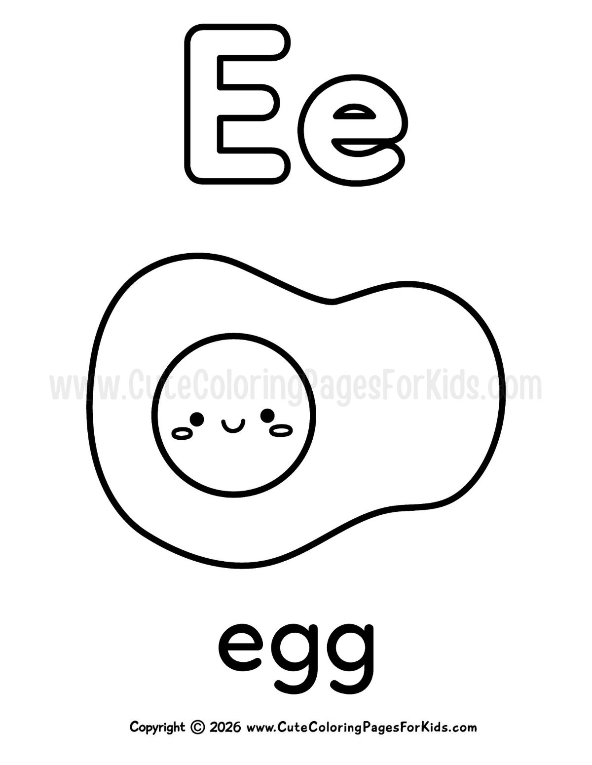 Letter E coloring sheet with cute egg illustration and the word Egg