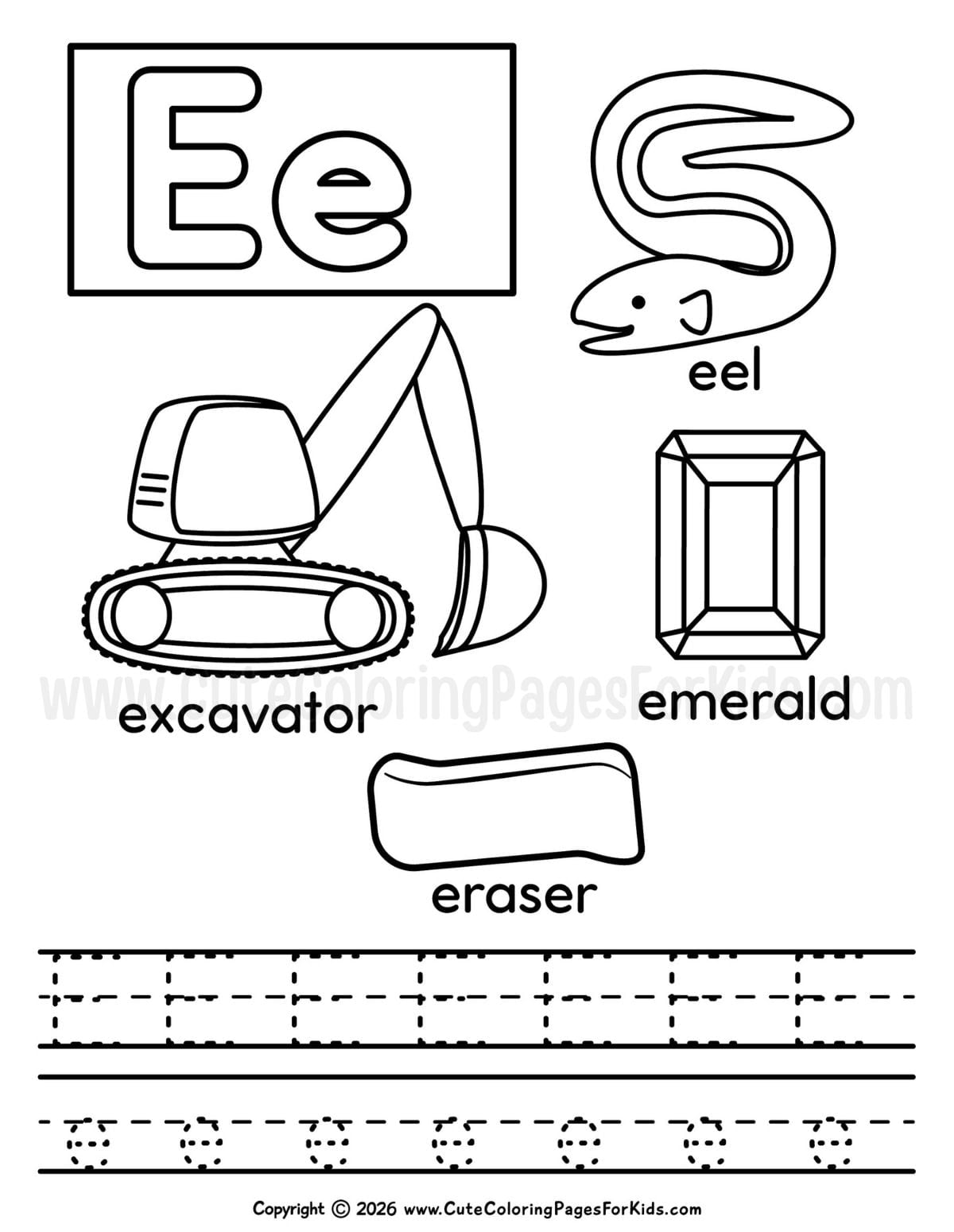 Letter E coloring page with an excavator, eel, emerald, and an eraser, plus dashed letter E lines to trace