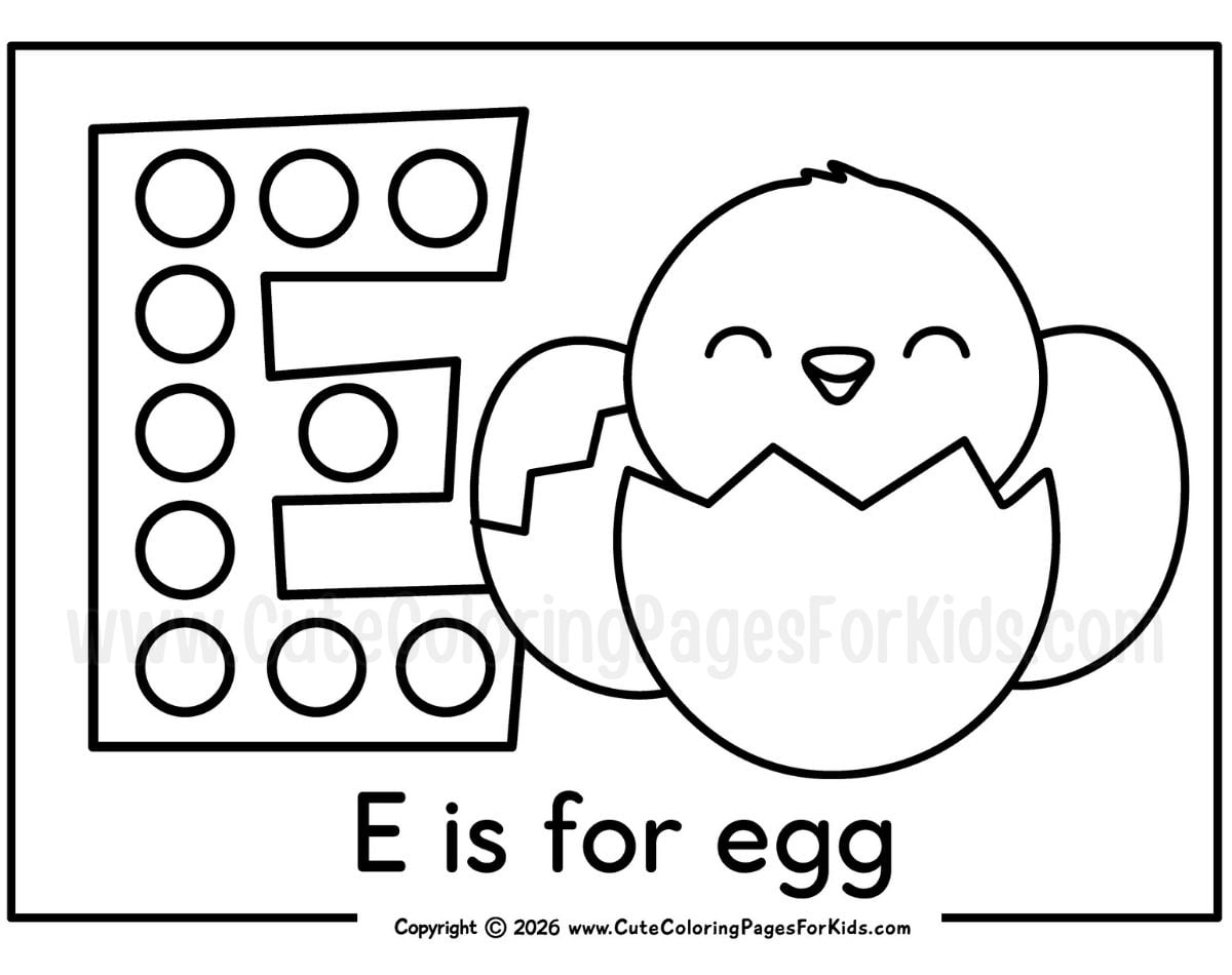 coloring page that has a letter E with dot marker dots and cracking eggs to color