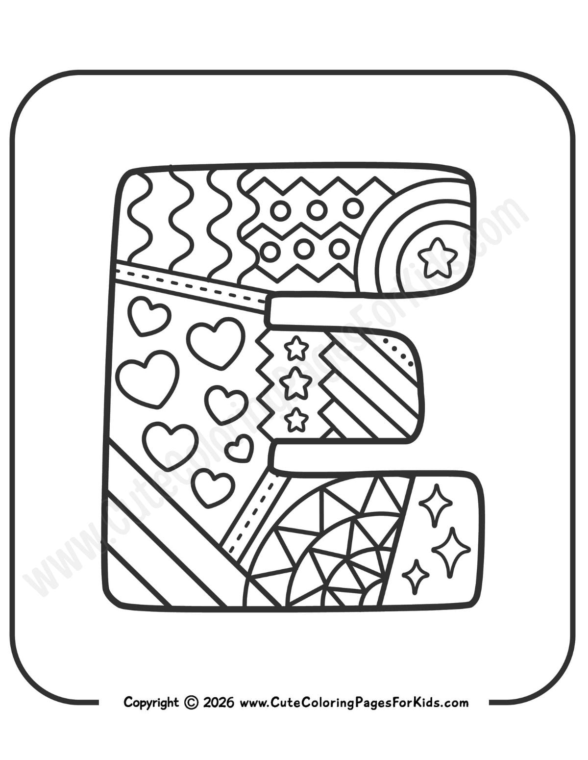 decorative letter E coloring page with doodle patterns