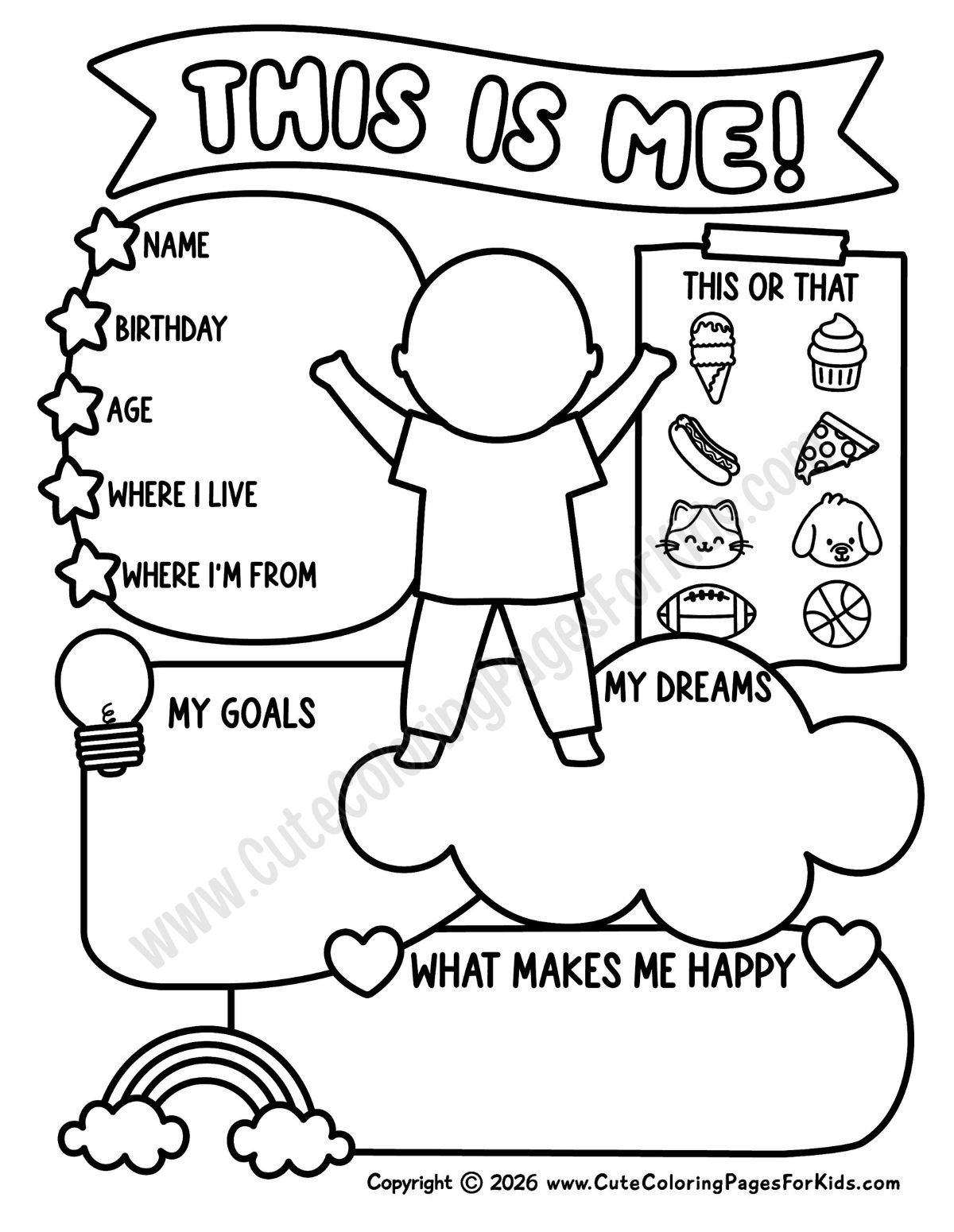 This is Me coloring page with profile info, a This or That section, and prompts for goals, dreams, and what makes them happy