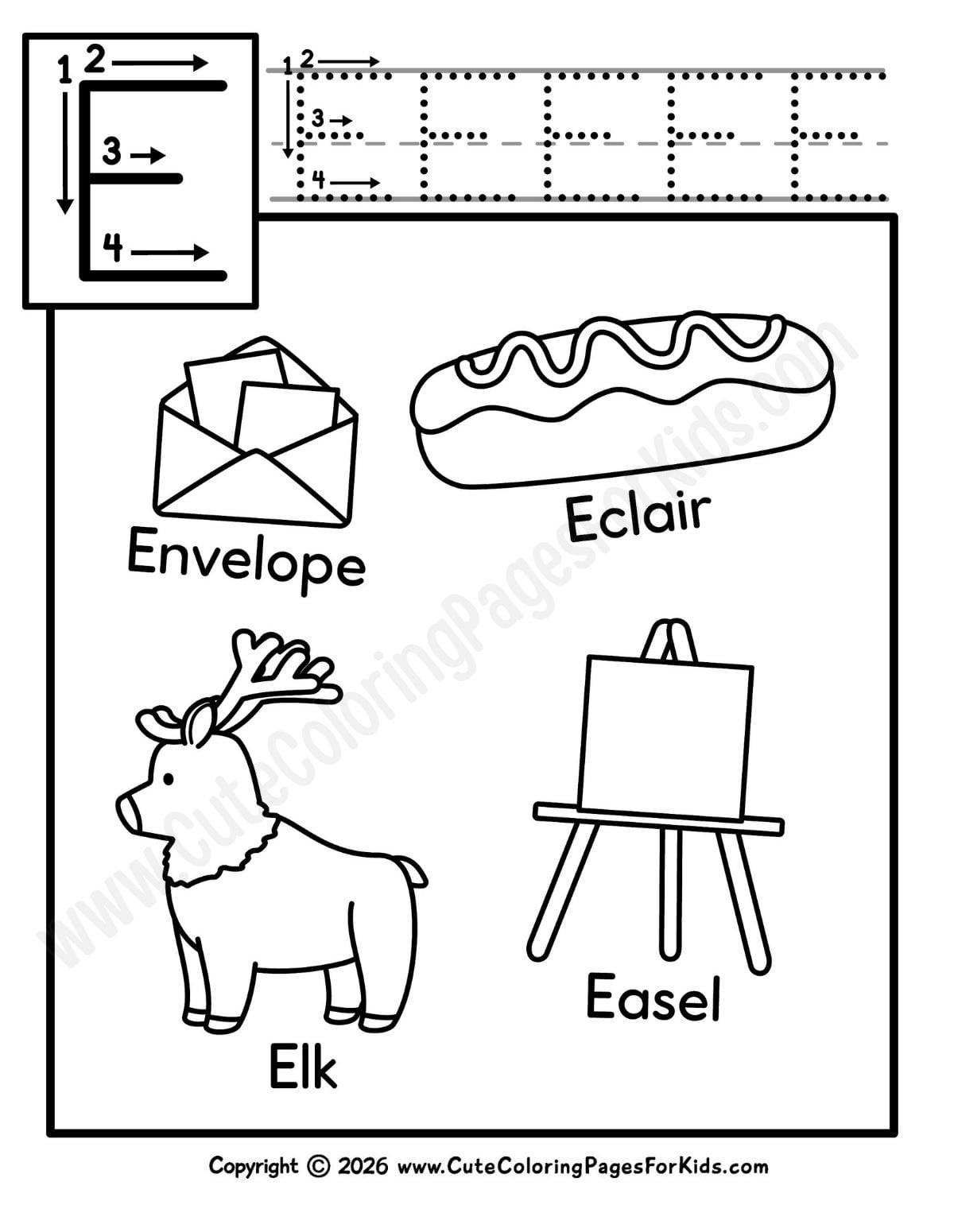 Letter E sheet for kids with uppercase letter tracing and an envelope, eclair, elk, and easel to color