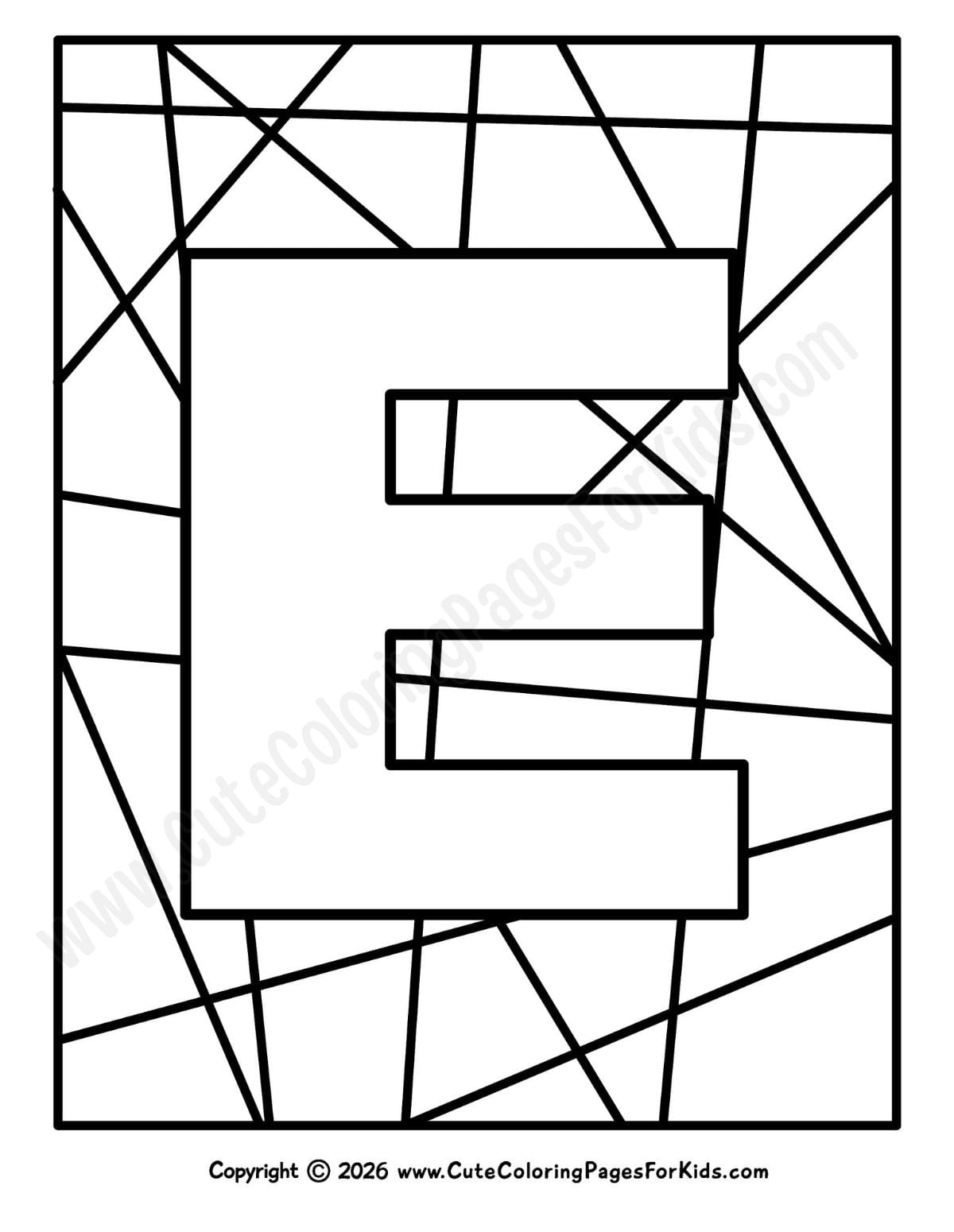 coloring sheet with big letter E and geometric shapes in the background
