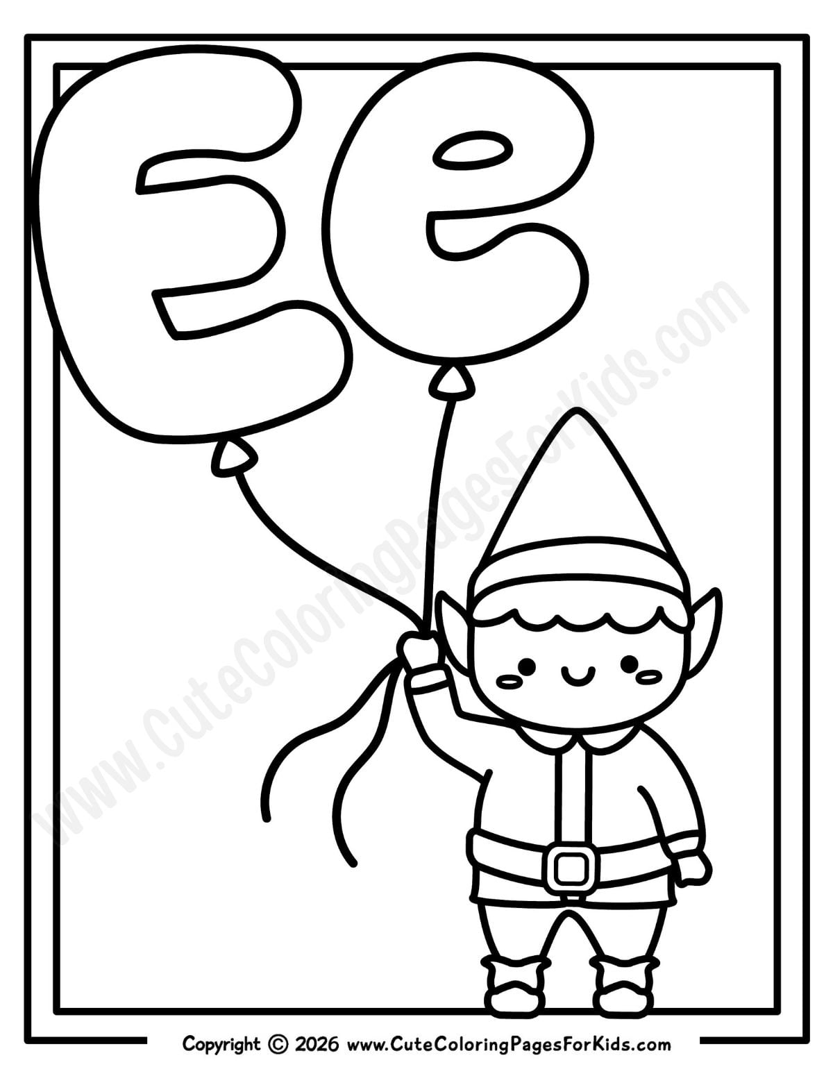 Letter E coloring sheet with a cute and simple illustration of an elf holding upper and lowercase E shaped balloons