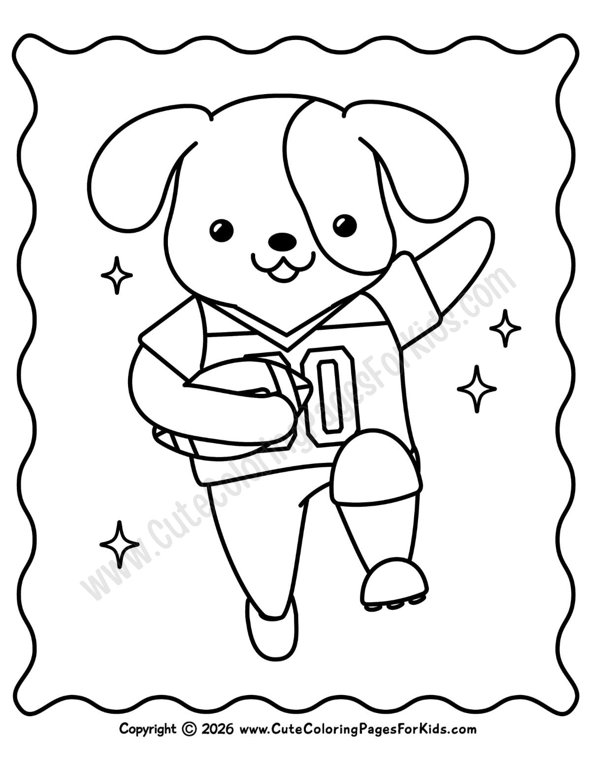 Coloring page featuring a football player dog who is running with the football