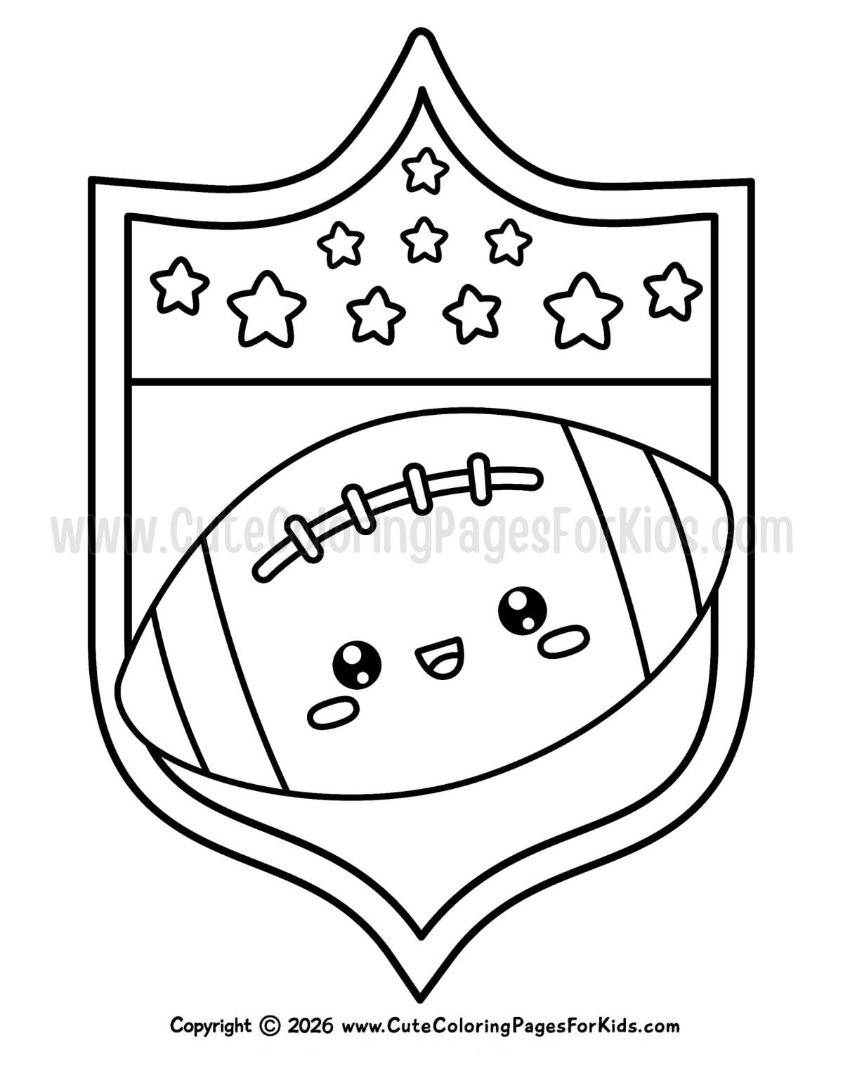 Football coloring page with a kawaii football to color, within a line drawing of a shield symbol with stars