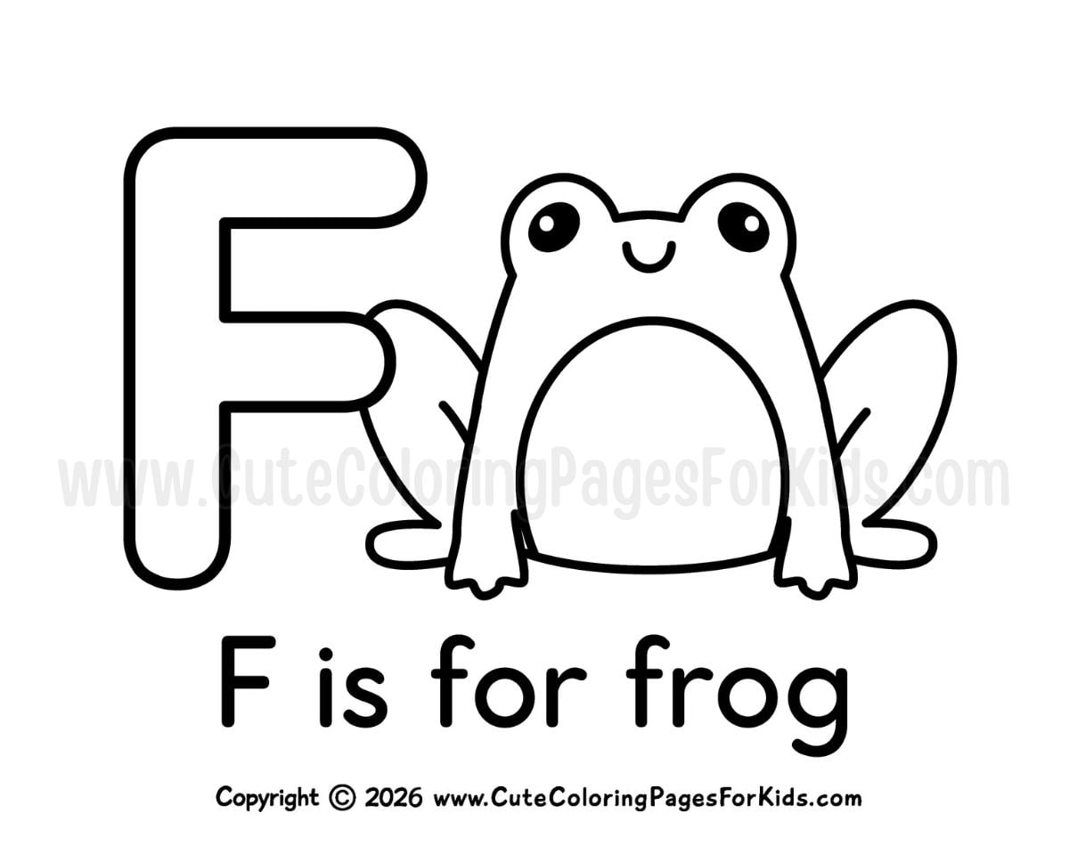 F is for frog coloring page with the letter F and a frog to color